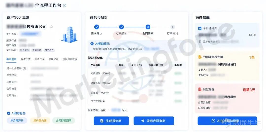全球光伏、儲能產業出海節奏持續加快，國內能源製造企業逐步形成國內直銷、海外分銷雙線並行經營模式。大量出海企業同時運營多套獨立獲客、銷售工具，線索、經銷商、訂單數據分散割裂，多語種、多幣種業務協同、全流程銷售管控、投放效果核算都依賴人工線下整理，運營成本偏高。 信光能源作爲立訊精密旗下專注光儲賽道主體，完成海外多國市場初步佈局後，亟需一套貫通獲客、渠道、銷售的AI智能營銷平台，落地標準化業務流程，支撐海內外業務穩步擴張。   客戶簡介：立訊精密旗下全球化光儲解決方案龍頭 信光能源是世界500強立訊精密全資子公司，是全球可持續智慧能源綜合解決方案提供商。 1.主營業務：主營光伏 / 儲能逆變器、儲能系統、智能接線盒、智慧能源管理系統，覆蓋戶用、工商業、離網微網全場景。 2.全球業務佈局：德國、西班牙、意大利設立海外分公司，海外業務成熟，2025年海外業務佔比超45%；國內採用B2B項目直銷 + OEM訂單模式，海外依託代理商分銷體系搭建銷售網絡。 3.集團產業支撐：母公司立訊精密2025年營收超3300億元、全球員工4...