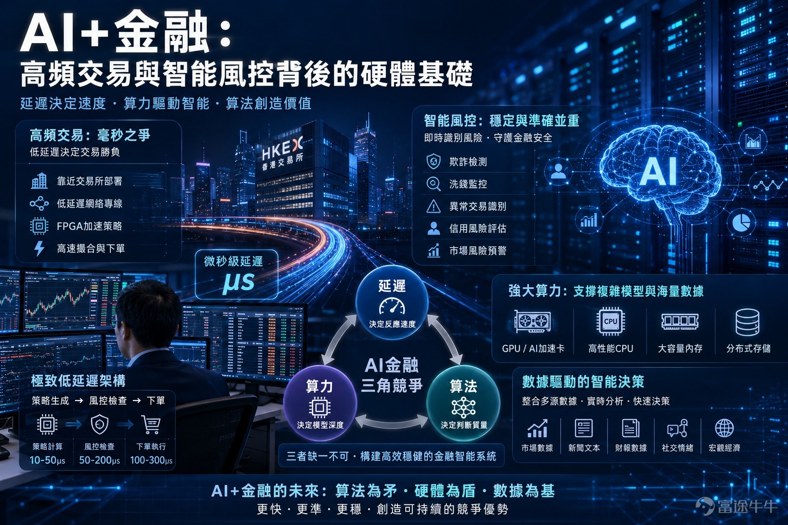 金融業談人工智能，市場最容易把焦點放在模型、算法與數據上，彷彿只要擁有更聰明的交易策略、更龐大的歷史數據、更複雜的深度學習模型，就能在資本市場中取得優勢。然而，在真正的金融科技競爭中，算法只是浮在水面上的一部分，水面之下更關鍵的是硬體基礎：伺服器、晶片、網絡設備、數據中心架構，以及整套能夠支撐低延遲、高吞吐與高可靠性的運算系統。尤其在高頻交易與智能風控兩大場景中，硬體往往不是輔助角色，而是決定勝負的底層戰場。 高頻交易的本質，是在極短時間內捕捉市場價格變化，並以比對手更快的速度完成下單、撤單與風險檢查。這裏的「快」不是普通投資者理解的幾秒鐘，而是毫秒、微秒甚至納秒級別的競爭。當不同機構使用類似的市場數據、相近的統計模型，真正拉開距離的，往往是交易系統到交易所之間的網絡延遲、撮合前的計算速度，以及硬體能否穩定處理海量訂單訊息。換言之，在高頻交易世界裏，算法判斷方向，硬體決定能否率先抵達終點。 延遲、算力與算法的三角競爭 延遲是高頻交易最敏感的指標之一。交易指令從策略系統生成，到風控模組審核，再經網絡傳輸至交易所，每一個環節都可能造成時間損耗。因此，金融機構...