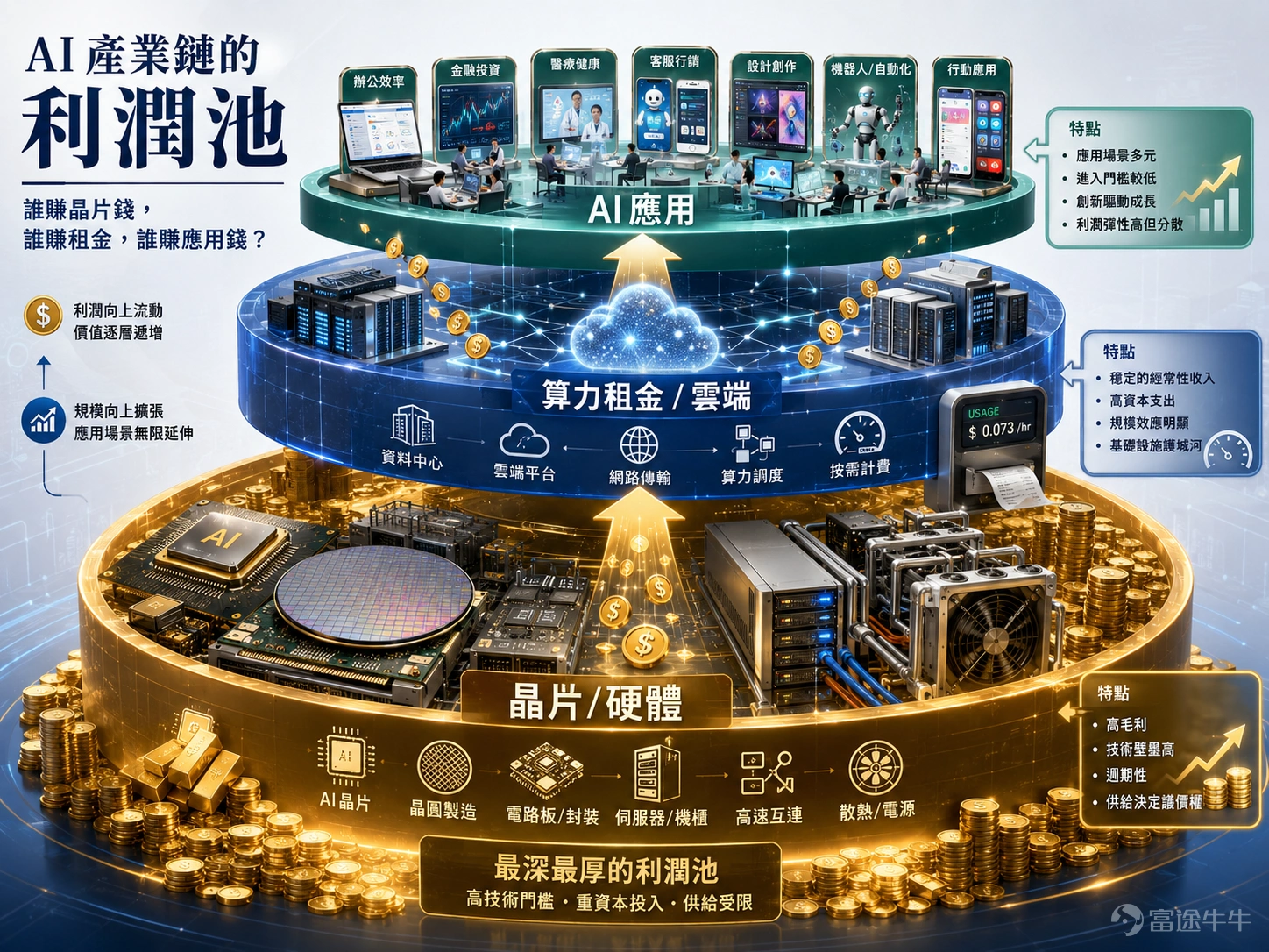Viewed through the lens of profit pools, the AI industry actually consists of three layers: the first layer earns revenue from chips, the second from computing power and cloud rentals, and only the third layer generates profits from applications and services. Currently, the deepest profit pool undoubtedly remains in chips and hardware infrastructure. GPUs, specialized AI accelerators, high-speed interconnects, HBM memory, advanced packaging, liquid cooling systems, and server platforms—required for AI training and inference—form the foundation of the entire industry chain. The business model at this layer is the most straightforward: customers must purchase hardware before they can deploy AI; the larger the models, the more parameters they have, and the higher the inference demands, the greater their reliance on computing power. Chip companies thus enjoy a position akin to collecting an 'entry toll'—as long as AI-related capital expenditures continue, hardware suppliers will be the first to benefit from incremental demand. However, while chip-related profits are the most attractive, they also come with the highest barriers to entry. This is not a market where ordinary companies can gain traction simply by telling compelling stories; success requires integrated capabilities in chip architecture, software ecosystems, process technology supply, packaging expertise, customer certifications, and substantial capital investment. This explains why the AI hardware market tends to reinforce a 'winner-takes-most' dynamic. The real winners aren’t all semiconductor firms, but specifically those that control critical bottlenecks. GPUs are a bottleneck, HBM is a bottleneck, advanced packaging is a bottleneck, and data center power and cooling can sometimes become bottlenecks as well. Investors who see only the phrase 'AI chips' without discerning who controls these bottlenecks, who is merely a contract manufacturer, and who is just riding on conceptual hype are likely to misjudge where the true profit pools lie. The second profit pool lies in cloud platforms and computing power leasing. Most...