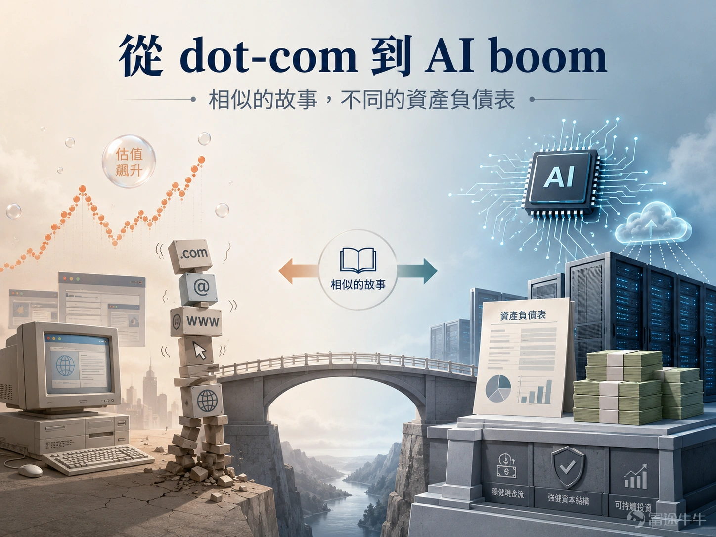 dot-com 時代的核心問題,是許多公司有流量、有概念,卻沒有收入,更沒有盈利。投資者相信互聯網終將改變一切,這個判斷事後看並沒有錯;錯的是在太早的時間,以太高的價格,買入太脆弱的公司。當資本市場仍願意輸血,燒錢可以被包裝成增長;但當利率上升、融資窗口關閉,商業模式尚未成形的公司便迅速失去生存能力。2000年後 Nasdaq 大幅回落,並非因互聯網沒有價值,而是因市場終於分清楚「技術革命」與「可投資回報」之間的距離。 今天的 AI boom 同樣有泡沫氣味,但底層結構不同。今次站在舞台中央的,不再是大量沒有收入的初創上市公司,而是 Microsoft、Alphabet、Amazon、Meta、Nvidia 等全球最賺錢的科技企業。它們不是靠賣夢融資,而是以廣告、雲端、軟件訂閱、電商和晶片銷售產生龐大現金流,再把現金投入 GPU、數據中心、模型訓練和 AI 產品化。換言之,dot-com 年代很多公司是「先有估值,後找收入」;AI 年代的巨頭則是「已有盈利,再押注下一代基建」。 $微軟 (MSFT.US)$$谷歌-C (GOOG.US)$$亞馬遜 (AMZN.US)$$Meta Platforms (META.US)$$英偉達 (NVDA.US)$ ...