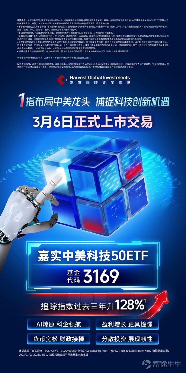 [March 6, Hong Kong] Harvest Global Investments Limited (hereinafter referred to as Harvest International) officially announced the listing of the Harvest China-US Technology 50 ETF (Fund Code: $Harvest G2 Tech 50 ETF (03169.HK)$ ) on the Hong Kong Exchange. The listing ceremony of Harvest China-US Technology 50 ETF was grandly held at the Hong Kong Exchange. Attendees included Ms. Xie Lemin, Deputy Director of the Investment Products Department of the Hong Kong Securities and Futures Commission, Mr. Guo Song, Chief Supervisor of Harvest Fund Management Co., Ltd., Mr. Chen Zhixin, CEO of Harvest International, Ms. Jiang Yiqian, Chief Investment Officer of Harvest International, Ms. Shu Chuying, Chief Marketing Officer of Harvest International, Vanessa Wang, Head of Asia-Pacific at DWS Investments Hong Kong, Kang Le, Vice President of China Life (Overseas) and Chairman of China Life Trust, Li Hengyi, CEO of China Life Trust, Luo Lihua, CEO of BOC International Prudential USD Trust, Xu Yang, Global Partner at Tiger Brokers (Hong Kong), and other partners from government and commercial institutions. Deputy Director of the Investment Products Department of the Hong Kong Securities and Futures Commission, Ms. Xie Lemin, stated: 'The Harvest China-US Technology 50 ETF tracks the Solactive Harvest Tiger G2 Tech 50 Select Index, primarily investing in Chinese technology companies listed in Hong Kong and tech companies listed in the US. The launch of this ETF...'