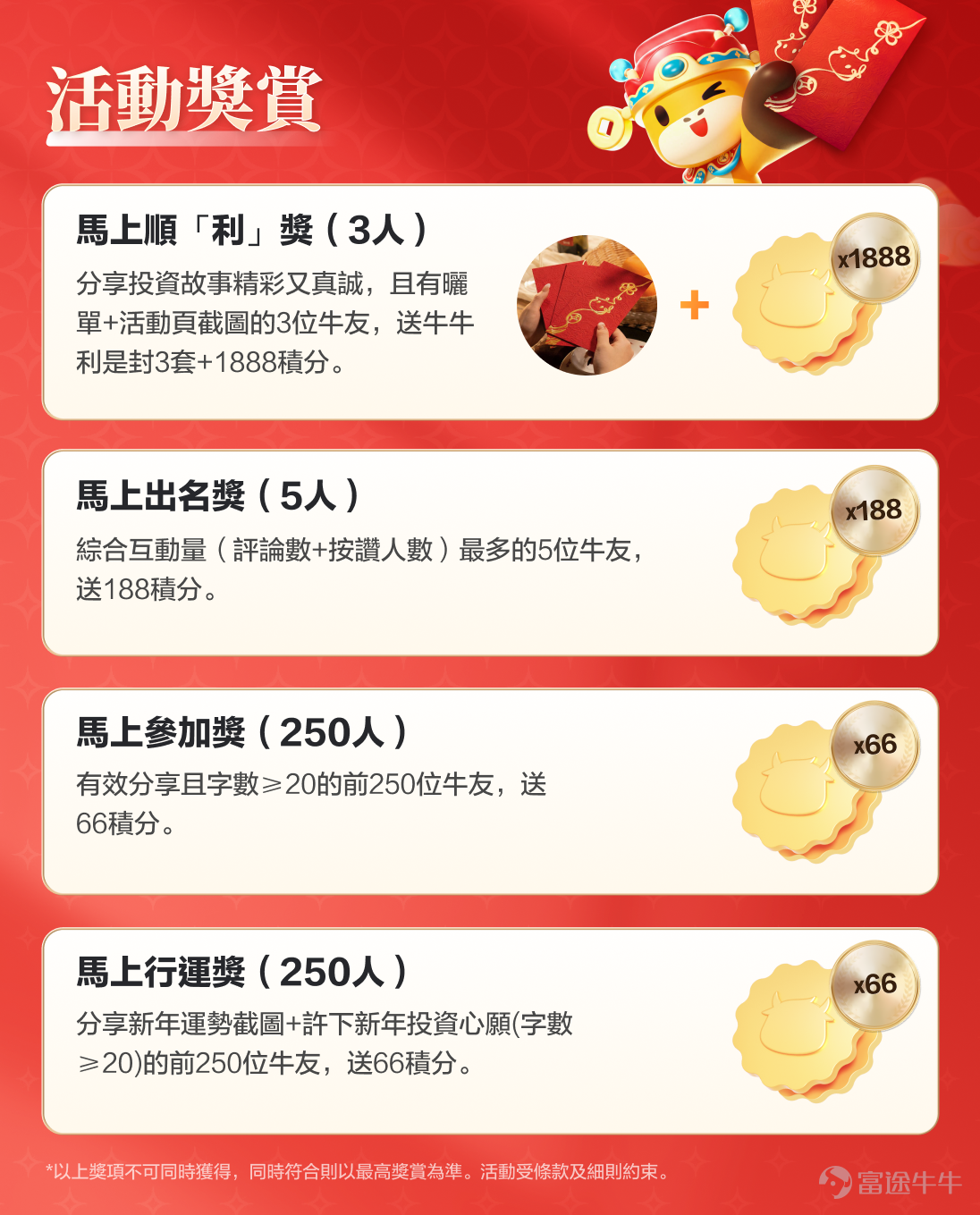 Hello fellow investors[Blowing Kisses]~ The Lunar New Year is approaching, want to know your investment luck for the new year?[Blessing]Will your current holdingsTake off immediately? When can youGet rich soon? Can you this yearInstant Wealth？[Firecracker] [Smart]Let the Year of the Horse event divine your investment luck and see what features can help youMake money right away？[Rich] 🏇 Test your luck right now At the moment you feel good luck arriving, quickly capture the image to obtain your investment fortune for the Year of the Horse. 2. According to the fortune interpretation, experience our recommended Niu Niu feature right away. 3. Topics for the New Year activities[Share Link: >>Niu Niu New Year Good Luck "Send" Right! Share to Win Prizes!<<]Please share your experience with the features, along with your investment fortune cap chart and your wishes for the New Year. 🪙Rewards are coming soon. Instant Fortune Prize (250 people):In[Share Link: Topic]Share a screenshot of your New Year fortune and make a New Year investment wish (at least 20 words) to the first 250 friends, and receive a gift.66 points。 In addition to the New Year's fortune, it can also be discussed under the topic.Share your investment stories or new year investment strategies that have earned you the most "lucky money" in the stock market this year, and make your investment wishes for the New Year 2026, with a chance to win 牛牛 merchandise and points![Wow] Lucky Draw (3 winners):Three fellow investors who share engaging and sincere investment stories, along with screenshots of their trades and event pages, will receive a gift3 sets of Niuniu red envelopes + 1888 points。 Instant Fame Award (5 winners):Top 5 fellows with the highest total interactive volume (number of comments + number of likes) will receive a prize188 points。 Just by participating, you get...