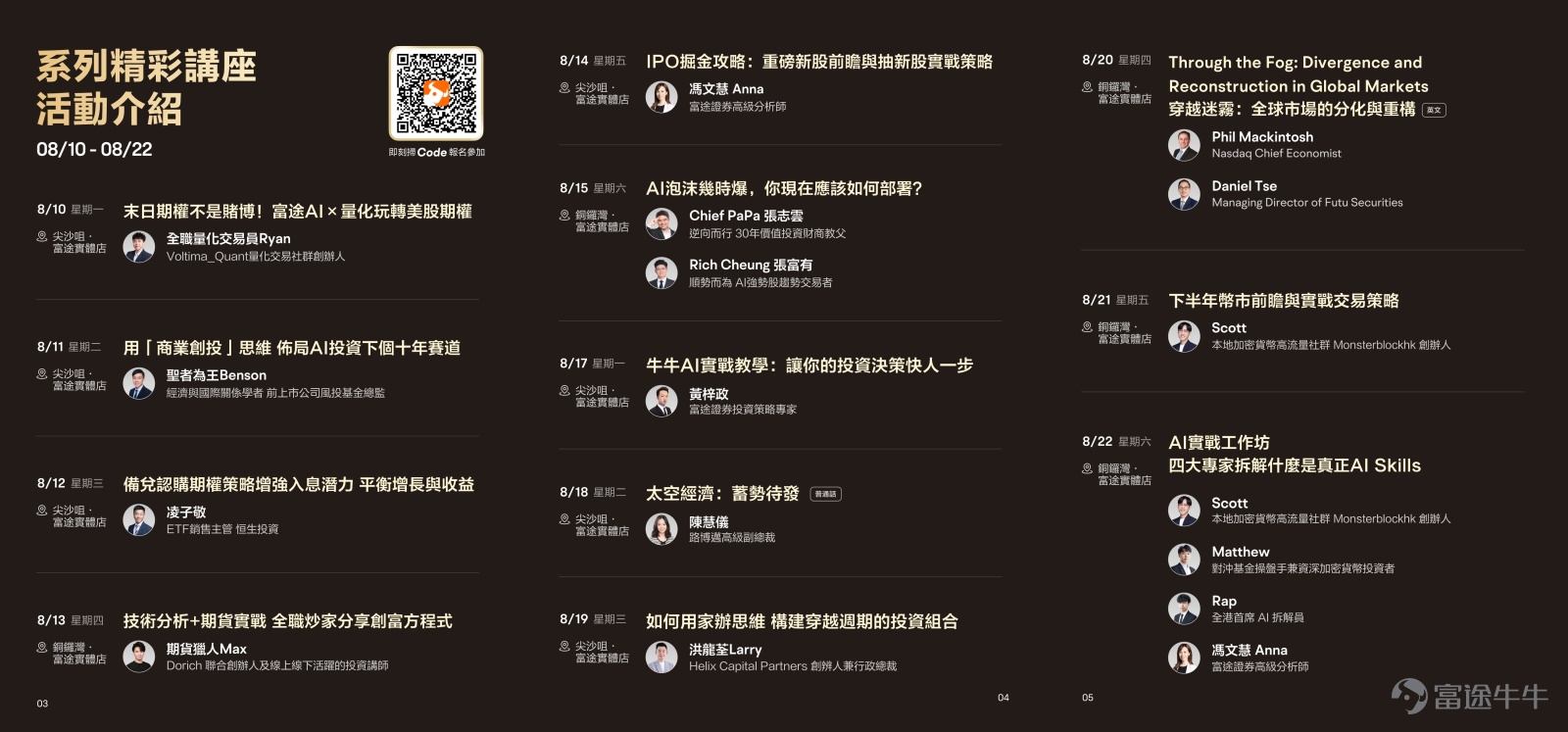 大市回撤超10%，清倉還是撈底？你係咪也陷入了這個兩難？ 7月以來，全球市場經歷了一輪猛烈調整——科技股首當其衝，市場波動率飆升至接近地緣衝突時期的水平。 打開交易App，倉位縮水、收益回吐，心態開始動搖： 而家應該止蝕離場，定係等反彈？ 如果補倉，補邊度？幾時補？ AI板塊仲有冇得追？ 呢啲問題，相信每一位投資者最近都在反覆掙扎。如果你也搖擺不定，不如來聽聽頂級專家點講>> 📣 2026富途創富大會，8月8日千人齊聚！ 以「搶佔下一個十年投資先機」為核心，富途打造了年度最大型線下投資峰會，邀請了多位業內頂級投資專家，以及百萬粉絲財經KOL到場，面對面為大家拆解投資框架。 📅 活動日程安排 2026年8月8日 - 8月22日，三大板塊環環相扣： 👉 報名入口：[鏈接: https://invest.futuhk.com/wealth_summit] 🎯 四大核心看點，下半年投資攻略一次到手！ 看點一：千人主會場，大咖齊聚一堂 大市劇烈波動之際，正是需要專業指引的時刻。 8月8日主會場匯聚頂級市場嘉賓，圍繞「香港市場新動態」「震蕩市佈局思路」「AI賽道...