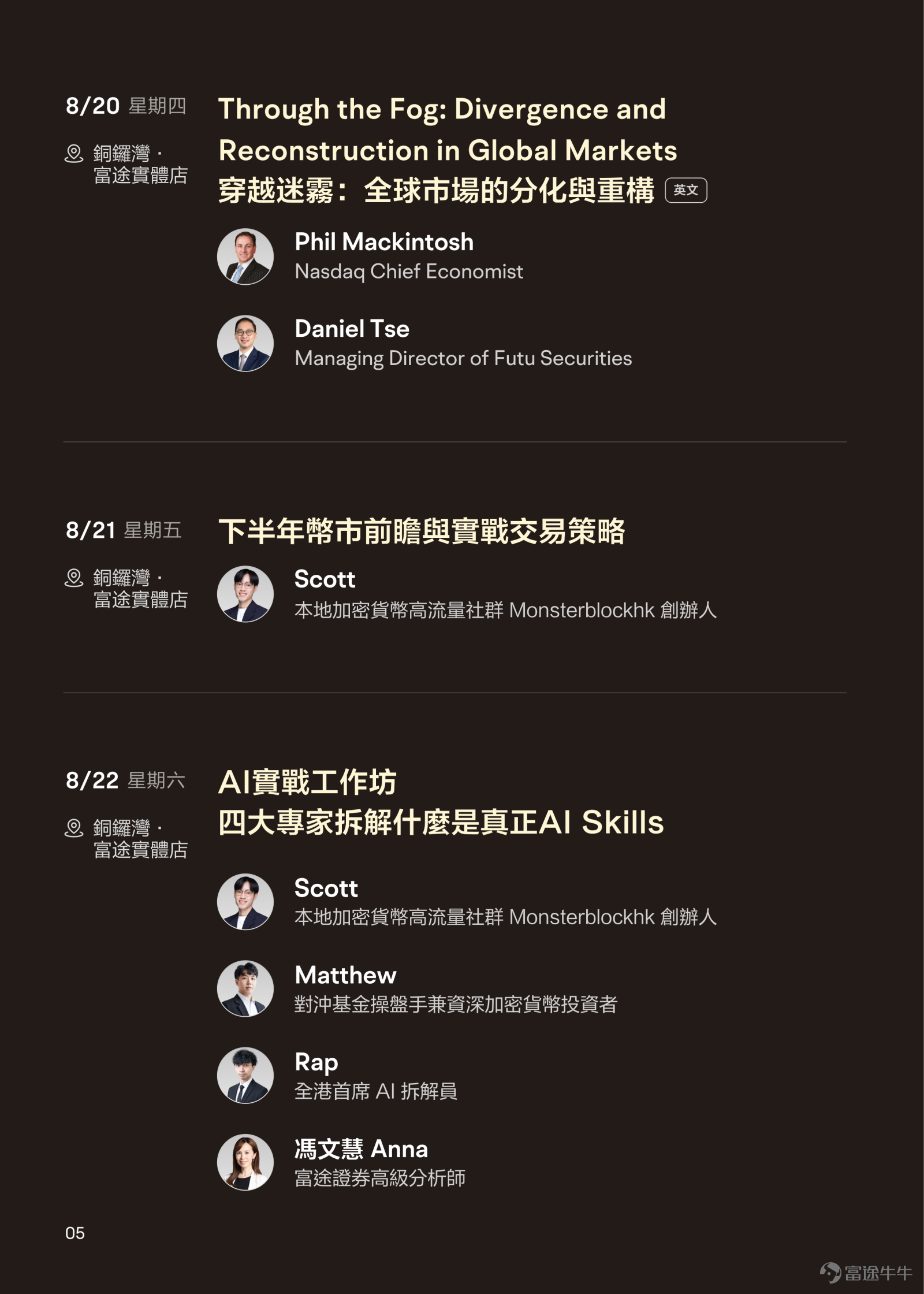 2026下半年，全球市場正站在關鍵轉折點——AI科技估值分歧加劇、地緣政治持續重塑產業鏈、港股IPO回暖帶來新一輪財富機遇。面對多變的投資環境，你需要的不只是資訊，更是看透市場本質的思維框架與可落地的實戰策略。 繼8月8日創富大會後，還有12位業界頂尖嘉賓，將於8月10日至22日帶來12場高質量免費投資講座，為你打造一場沉浸式的投資知識盛宴，[鏈接: 點此直接報名>>] 🎯 這次講座周，你將收穫什麼？ 一、頂級智囊，多元視角碰撞 從納斯達克首席經濟學家的環球宏觀洞察，到前上市公司風投基金總監的創投思維；從30年價值投資教父的逆向哲學，到全職量化交易員的數據驅動策略——12位嘉賓覆蓋學術研究、機構投資、獨立交易、另類資產等不同領域，助你跳出單一視角，建立更完整的投資認知體系。 二、六大主題板塊，覆蓋全市場機遇 📌 期權實戰——拆解末日期權策略邏輯，解構備兌認購如何在波動市中創造穩健現金流  📌 AI與科技投資——從泡沫辨析到趨勢把握，用創投思維找到下個十年的核心賽道  📌 環球宏觀——高利率與新高並存的矛盾市場，聽納斯達克經濟...