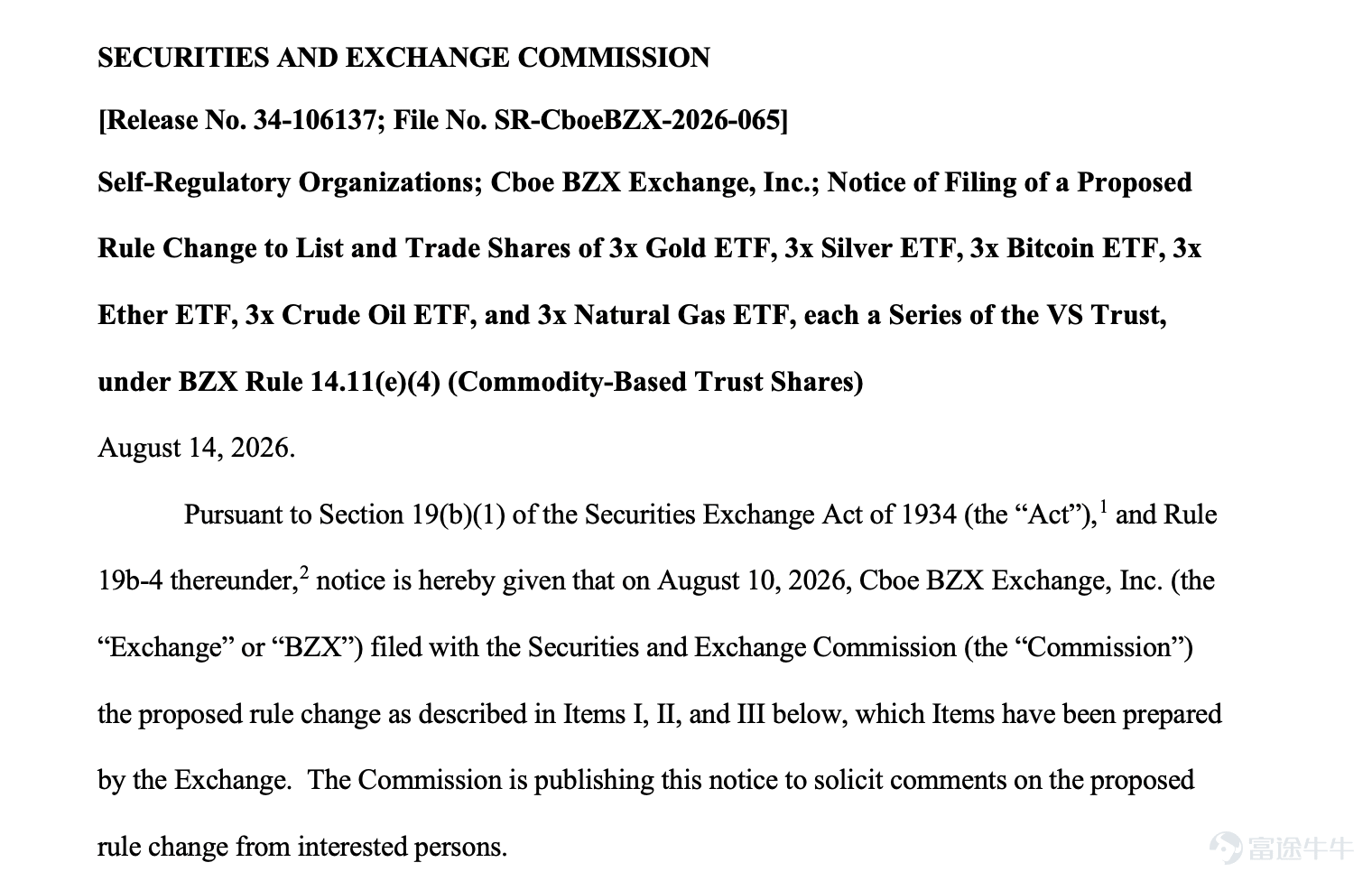 撰文：小餅 8月 14 日，SEC 發佈公告，正式受理 Cboe BZX 交易所提交的規則變更申請（編號 SR-CboeBZX-2026-065），內容是上市交易一批 3 倍槓桿商品 ETF，其中包括 3 倍比特幣 ETF 和3 倍以太坊 ETF。  申請方 Volatility Shares LLC 已經在美國市場運營着 2 倍比特幣和以太坊策略 ETF，有實盤運營記錄。Cboe 在申請中引用了一個數據：目前美國國家證券交易所上已經掛牌交易着大約 67只 3 倍或反向 3 倍的槓桿 ETP 產品。換言之，3 倍槓桿 ETF 在股票和大宗商品領域早已存在，加密資產是最後一塊拼圖。 SEC 將在 45 天內做出批准或否決，或啓動最長 90 天的延長審查。 加密市場裏最危險的高槓杆交易，正在從離岸永續合約交易所搬進美國普通證券帳戶。 這隻 ETF 到底怎麼運作？ 先看結構。 3 倍比特幣 ETF 追求的目標是：在扣除費用之前，每天的投資回報等於比特幣價格當日表現的三倍。比特幣當天漲 2%，基金目標漲 6%；比特幣當天跌 3%，基金目標跌 ...
