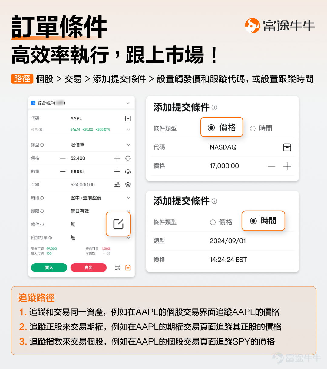 牛sir覺得，人生是一場修行，投資也是。作為一名投資者，哪怕多麼成熟有經驗，也免不了因為市場變化而產生困惑。牛sir的存在，也是希望和大家一路同行，在投資這條修行的路上，為諸位牛友提供哪怕一點點的陪伴和幫助。 牛sir最近也四處收集了不少牛友的疑問，這些問題包括如何擇時、如何抓住機會等維度，涉及月供股票、碎股交易、高級訂單條件等亮點功能。 今天牛sir將針對其中4個牛友核心問題，嘗試提供解決方案。其實只要一個簡單的操作即可實現：[鏈接: 點擊此處]進行登記，將帳戶升級成綜合帳戶即可，還能獲得美股碎股0佣福利哦！ 下面牛sir將為你一一講解。 *注：以下所提及的證券，僅作為投資教育之用，不代表任何投資建議。 1. 看好了某隻股票，但不知何時進場怎麼辦？ 要說6月的熱門個股，蘋果算是其中之一。截至6月5日收市，蘋果出現了連續8個交易日的上升，5月份整體升幅也是高至13%左右。雖然WWDC當天表現不佳，但6月11日出現了一夜飆升超過7%的情況，3萬億市值已不在話下。 蘋果近期的上升趨勢，和它5月初的業績報告中的推動因素有關，並且報告還宣佈了高達...
