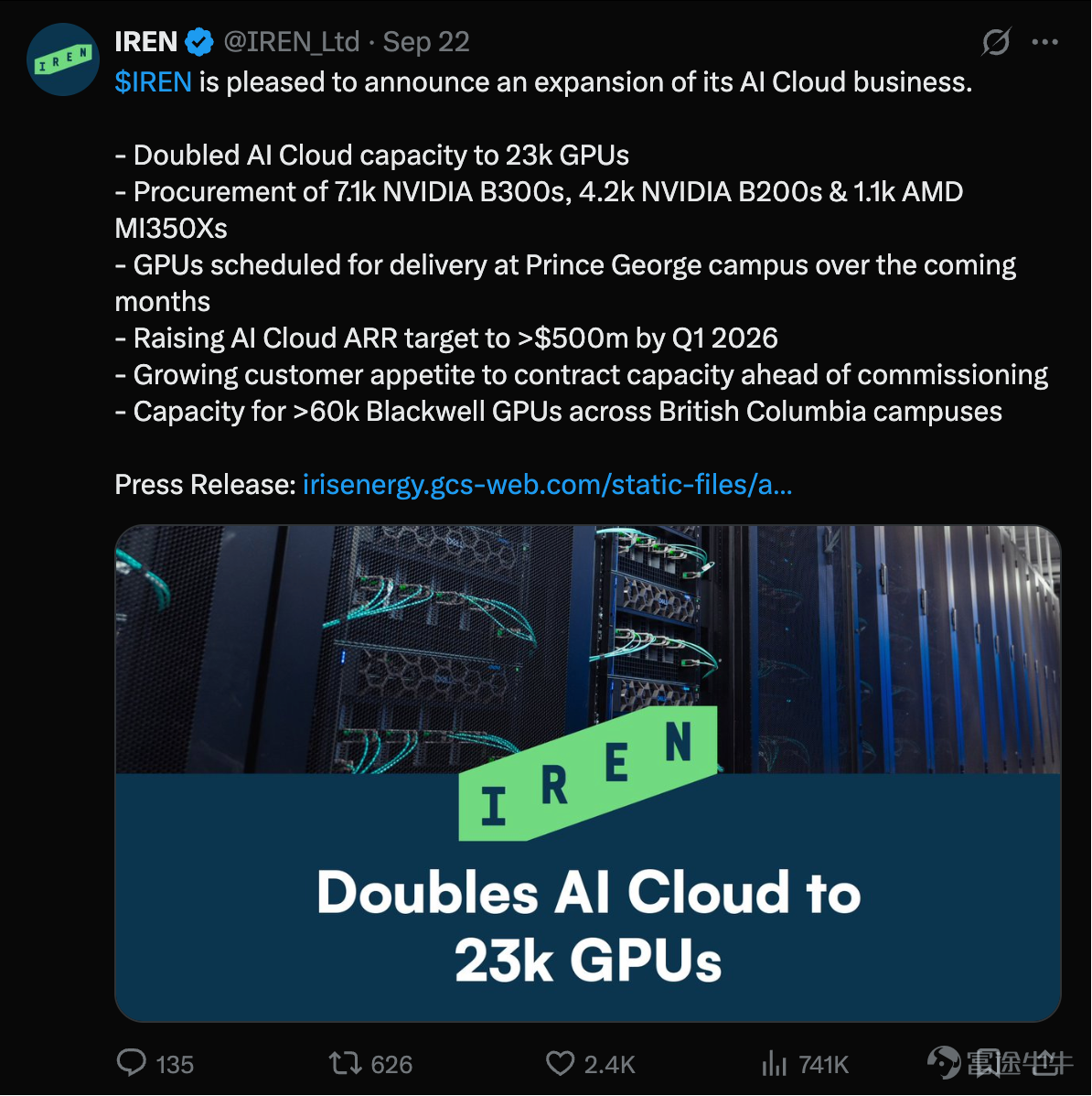 Tech giants are emerging as AI infrastructure powerhouses, ramping up investments in data center construction. Recently, $NVIDIA (NVDA.US)$ Recently announced plans to invest up to $100 billion in OpenAI to support its large-scale data center expansion. OpenAI, $Oracle (ORCL.US)$ along with SoftBank, which is providing funding for the project, announced thatfive new 'Stargate' program sites will be added in Texas, New Mexico, Ohio, and an undisclosed location in the Midwest.Within the next three years,the total scale of the plan is expected to reach nearly 7 gigawatts of power capacity, with investments exceeding $400 billion,including a $300 billion agreement between OpenAI and Oracle. Microsoft announced last week that its $3.3 billion AI data center in Wisconsin, touted as the 'world’s most powerful,'will be operational by early 2026, with plans for an additional $4 billion investment.to build a second data center of the same scale in the same state, bringingthe total investment in the state to over $7 billion. Elon Musk’s "Giant Hard Plan" has officially unveiled its new developments:A computing cluster was built from scratch in just six months, with a completed power supply scale of 200MW, sufficient to support 110,000 NVIDIA GB200 GPUs in NVL72 configuration.This achievement was accomplished in only six months, compared to the 15 months taken by OpenAI and Oracle collaborations, setting a new record once again. However, this has jointly given rise to a...