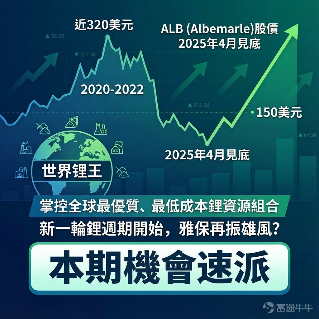 2025年是當之無愧的「商品大年」，在黃金、白銀等貴金屬疊創新高之餘，鋰作爲重要的能源金屬，也走出了長期的低迷，開啓了反轉週期。 $美國雅保 (ALB.US)$有世界鋰王之稱，掌控了全球最優質、最低成本的鋰資源組合，同時擁有遍佈全球的冶煉產能，在行業內具有舉足輕重的地位。25年4月見底，公司股價由48美元爆升三倍，突破150美元一線，引起了衆多投資者的關注。 在20-22年鋰資源的狂暴上升週期中，ALB曾一度接近320美元，隨後陷入了漫長的調整期。新一輪鋰週期已經開始，雅保能否再振雄風？讓我們走進本期的機會速派。 新週期開啓：AI驅動需求換擋 自2020年底開始，由於新能源車的爆發式增長帶來的巨大需求，碳酸鋰價格由4萬/噸飆升至近60萬/噸。巨大利益刺激下各廠商紛紛入局開採，供需格局反轉，鋰價泡沫破裂。經歷了近三年的調整後，鋰資源行業再度發生了巨大變化。 在幾年之前，整個電池行業仍以應用於電車的動力電池爲主。儲能市場正取代動力電池，成爲鋰需求增長的核心驅動力，其增速已遠超新能源汽車領域。2025年全球儲能電池出貨量預期上調...