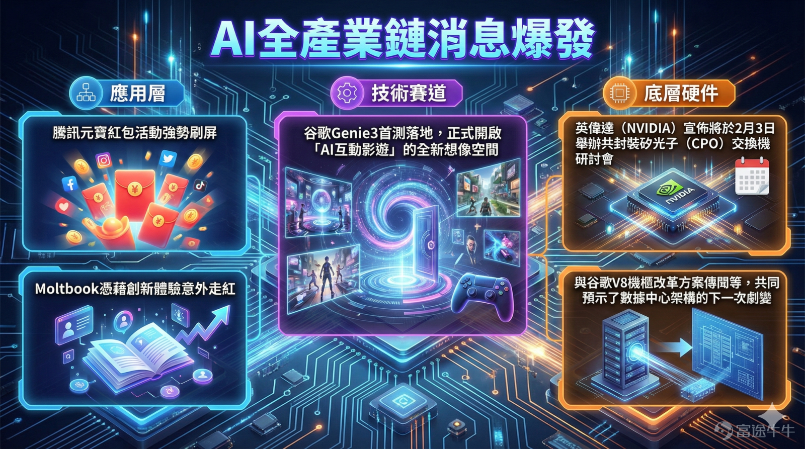 自上週五以來，AI圈一系列重磅消息撲面而來：元寶紅包活動刷屏、Moltbook突然爆火、谷歌Genie 3首測落地、英偉達宣佈將舉辦共封裝矽光子交換機研討會、谷歌V8機柜改革方案爆發等。 從C端的紅包大戰到基建層的技術革命，這一系列事件並非孤立，而是預示著AI正從「實驗室模型」轉向「全民化應用」與「物理級基建」的深度整合。本文將針對上述事件進行深度剖析及解讀背後投資邏輯。 01 應用層：Moltbook爆火 元寶、千問打響紅包大戰 [可愛]騰訊元寶開啟紅包雨模式 「AI入口戰」正式開打 2026年春節將至，面對愈演愈烈的C端AI應用爭奪戰， $騰訊控股 (00700.HK)$ 再度發揮其核心優勢，以「社交+撒錢」的組合策略強勢突圍。 2月伊始，騰訊旗下AI助手「元寶」憑藉「10億紅包」活動強勢破圈。憑藉社交鏈的病毒式傳播，相關話題迅速登頂微博熱搜，並帶動App下載量激增，成功問鼎App Store免費榜榜首。這標誌著騰訊在C端AI應用的賽道上，已成功將流量優勢轉化為市場領先地位。 值得注意的是...