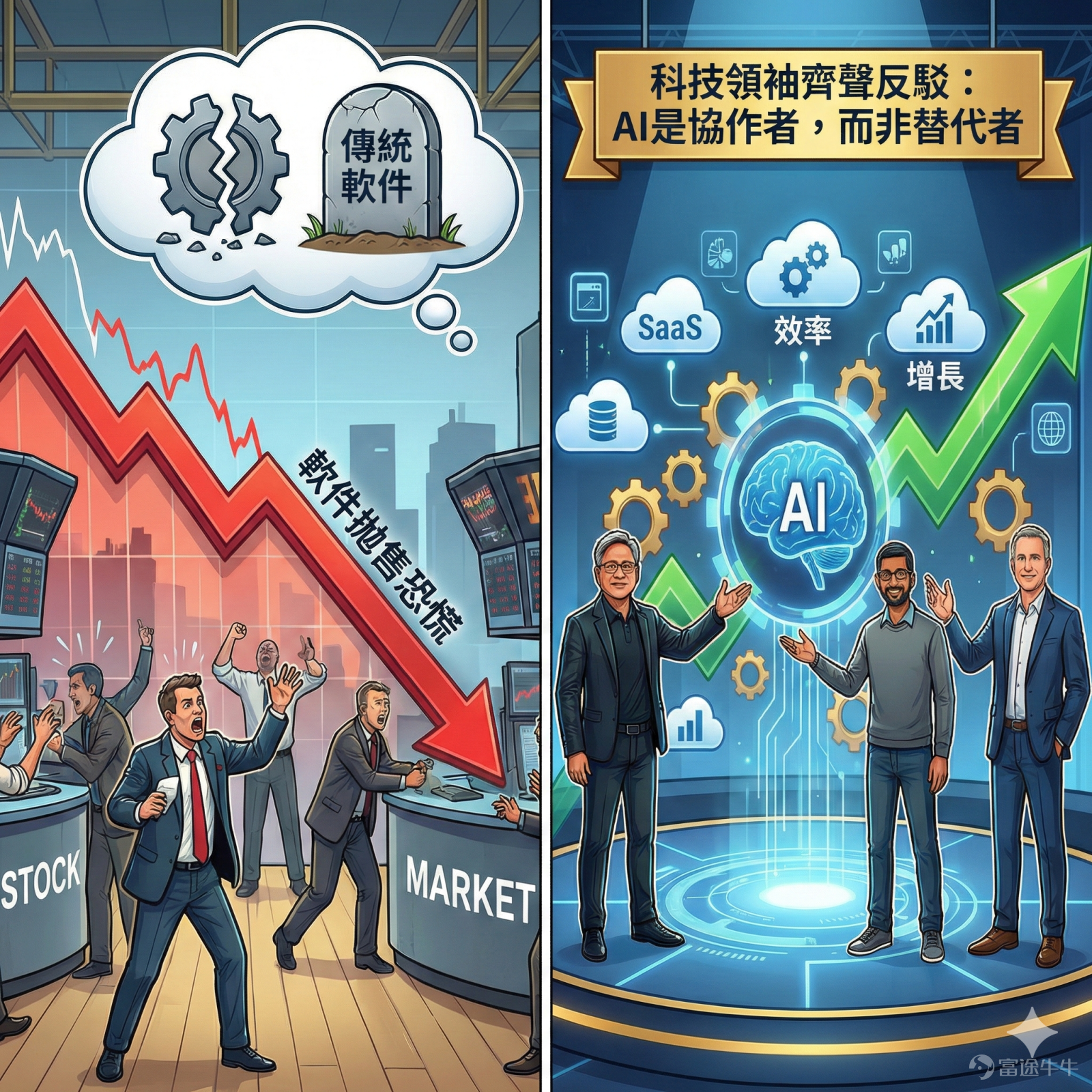 自二月以来，华尔街风向骤变。此前市场对科技股、黄金及加密货币等热门资产的非理性狂热正迅速退潮，取而代之的是全面的避险撤退。 从表面上看，本轮跨资产抛售并非由单一「黑天鹅」事件触发——这与去年四月特朗普发起「解放日」贸易战所引发的恐慌性暴跌截然不同。相反，当前的市场更像是被一连串利空消息「钝刀子割肉」。这些新闻不断加剧了市场对估值虚高的集体焦虑——毕竟许多人早已怀疑行情过热——最终诱发了投资者的同步撤资。 美股为何急跌？回调是危还是机？本文将带领牛友们拆解下跌背后的逻辑，并探讨后市的交易策略与应对之道。 美股下跌的原因？ 结合各方面因素来看，国联民生海外研究认为市场下跌或并非因为宏观叙事或AI产业趋势变化，主要是来自资金行为。 宏观层面，2月4日ADP数据公布后，面对软数据，市场更可能进行降息预期交易或衰退预期交易。对于前者，降息预期上升推动的流动性释放对于科技是潜在利好；对于后者，对比看2月4日美债、美元指数均无明显异动，且部分顺周期板块亦有韧性。基于此，该行认为下跌和宏观的相关性并不明显。 如果不是宏观，那是AI产...