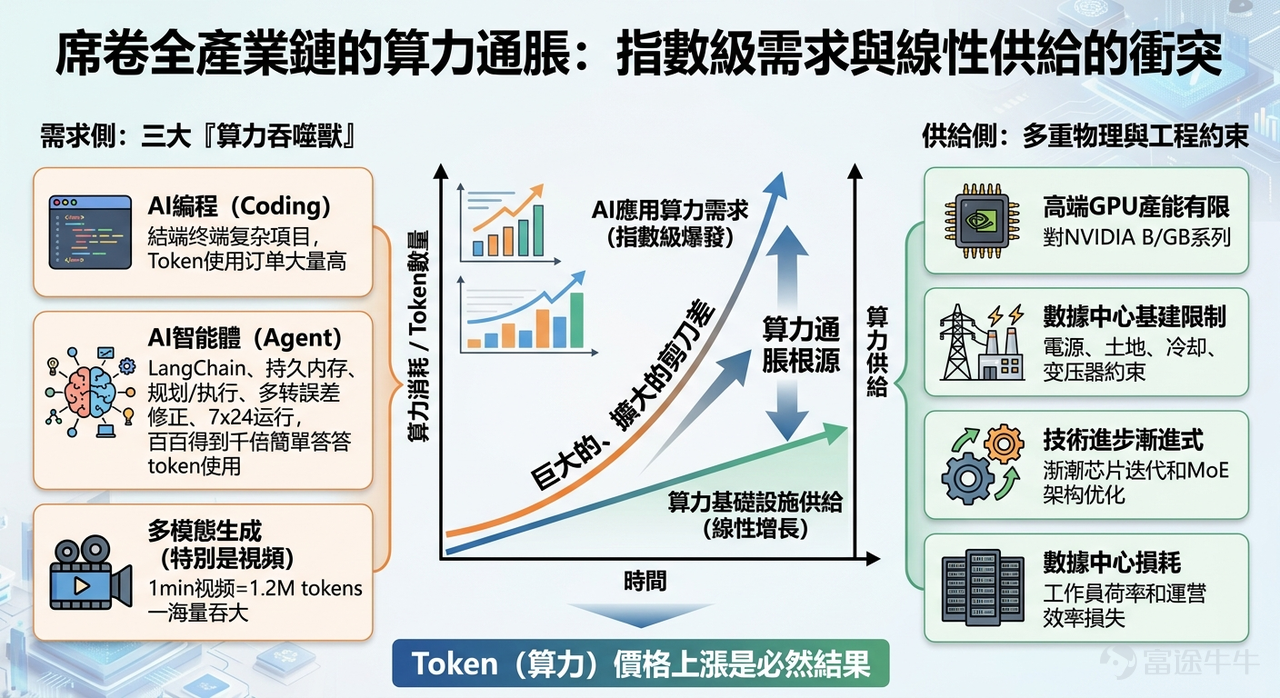 An 'inflation' across the entire industry chain triggered by AI is intensifying. Since 2026, the AI industry chain has been experiencing a strong structural price hike. Key components such as MLCCs (multi-layer ceramic chip capacitors), specialty PCBs, optical fibers, GPUs, CPUs, analog chips, power semiconductors, and cloud services have all entered an upward pricing trajectory. It is worth noting that this is not a traditional general price increase,but rather a profound 'AI structural inflation.'With the rapid advancement of AI computing infrastructure, high-end components are facing intense 'demand suction.' Global capacity is concentrating in high value-added areas, ultimately triggering a wave of supply-demand mismatches and value restructuring across the entire industry chain. So, what is the rhythm of this round of inflation? Why has this inflation sweeping through the AI industry chain occurred? What are the paths of price transmission and the investment logic? This article will explain these aspects one by one for fellow investors. What is the rhythm of this round of inflation? Starting from the middle of last year, $Alphabet-C (GOOG.US)$ 、 $Microsoft (MSFT.US)$ Driven by the exponential increase in Token consumption by overseas giants, the market has ushered in the first wave of activity centered around computing power. As GPU computing power directly determines the upper limit of Token supply, GPUs and their core supporting components (such as optical modules, PCBs, etc.) have taken off first. Subsequently, the price hike effect has spread deeper along the industrial chain. This year...