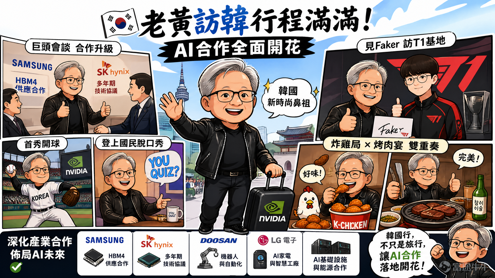 2026年6月初， $英偉達 (NVDA.US)$ 創始人兼CEO黃仁勳開啓韓國之行，在短短几天的行程中，老黃反差拉滿！跟三星、SK海力士這些巨頭談合作，去T1基地見了Faker，首秀棒球開球，登上國民脫口秀《You Quiz》，自封「韓國新時尚鼻祖」，炸雞局×烤肉宴雙重奏......可謂安排得滿滿當當[勁] 這場看似輕鬆的訪韓之旅，背後是AI產業的關鍵落腳。黃仁勳不僅確認了與三星電子的HBM4供應合作，與SK海力士簽署了多年期技術協議，更與斗山集團、LG電子等工業巨頭敲定了在機器人、能源、AI基礎設施等領域的深度合作。 在英偉達剛剛交出2026財年第一季度營收816億美元、淨利潤同比暴漲211%的驚人業績後，黃仁勳的韓國之行，意味着英偉達的戰略佈局更進一步：從「芯片供應商」到「AI工廠」的躍遷。 業績狂飆背後的戰略躍遷 要理解黃仁勳爲何在此時高調佈局韓國，必須先從英偉達最新業績的「繁華與隱憂」談起。5月20日，英偉達發佈的2027財年第一季度業績再次刷新紀錄：營收816億美元，同比增長85%；淨利潤583億美元，同比暴...