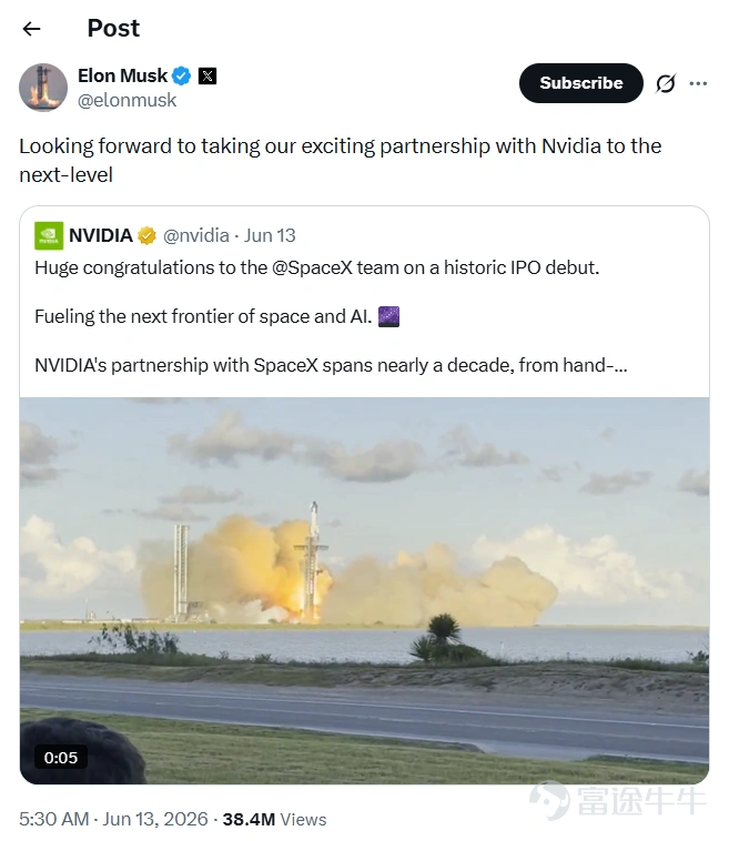 上週,全球資本市場見證了歷史性的一刻: $SpaceX (SPCX.US)$ 迎來IPO首秀,股價以雙位數強勢收漲,總市值一舉突破2萬億美元大關。此舉不僅使其強勢超越 $Broadcom (AVGO.US)$ 與 $Tesla (TSLA.US)$ ,更是成為全球第七大上市公司。 然而,SpaceX才剛站上資本市場的巔峰,馬斯克已將目光轉向下一波革命——攜手英偉達進軍「太空AI」領域。 日前, $NVIDIA (NVDA.US)$ 於X平台發文熱烈祝賀SpaceX團隊完成「歷史性的IPO首秀」;馬斯克隨即回覆,強調將把雙方「令人興奮的合作關係推向全新高度」。種種跡象表明,兩大科技巨頭正積極醞釀撼動市場的下一步棋。 這一表態的背後,彰顯了SpaceX龐大的「太空算力」藍圖。市場普遍分析指出,SpaceX 的成功上市不僅徹底重塑了全球科技巨頭的市值版圖,其大舉進軍太空 AI 領域的戰略佈局,更直接引爆了硬件製造與光通訊產業鏈的新一輪狂飆行情。 面對這場顛覆性的太空算力革命,本文將為牛友們全面解析馬斯克的太空AI藍圖,並深入盤點哪些公司有望受...