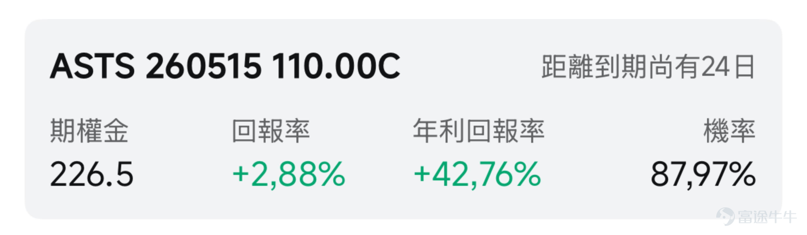 一、市場風向標：美股漲勢暫歇，太空概念股走勢分化 前一交易日美股三大指數小幅收跌，太空板塊內部走勢分化，其中 $AST SpaceMobile (ASTS.US)$ 盤前一度重挫超13%，成交量激增，當日收跌5.30%， $Rocket Lab (RKLB.US)$ 漲超5%，市場對衛星通信標的情緒不一。走勢分化的太空概念板塊應如何利用期權策略佈局呢？ 二、熱門標的關注 $AST SpaceMobile (ASTS.US)$ ：發射失利引發估值回調，保險覆蓋緩解短期衝擊 $AST SpaceMobile (ASTS.US)$ 前一交易日收跌5.30%，盤中振幅超10%，成交額達30.99億美元。 公司週末披露重大利空，其BlueBird 7衛星由藍色起源（Blue Origin）新格倫號火箭發射後，因火箭上面級表現不佳被送入低於計劃的軌道，衛星雖已分離並通電，但星載推進器無力將其抬升至運行高度，公司被迫決定對該衛星進行脫軌處理。 這是ASTS首次在關鍵衛星部署中遭遇發射失敗，暴露出對單一火箭供應商的依賴風...