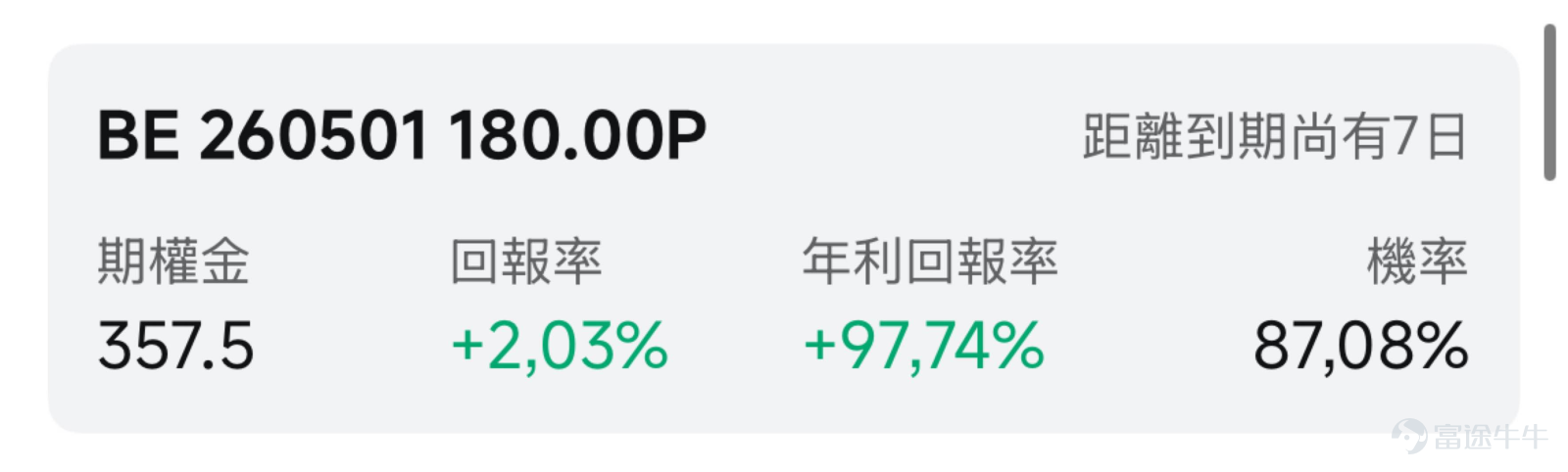 一、市場風向標：AI能源板塊景氣度持續攀升 前一交易日美股三大指數均回調，核電及電力設備板塊憑藉AI算力電力剛需，成爲市場高景氣主線。AI大模型訓練與推理對電力需求呈指數級增長，投資者該如何利用期權策略捕捉這一賽道紅利？ 二、熱門標的關注 1、 $Bloom Energy (BE.US)$：AI供電超級訂單落地，股價創歷史新高 $Bloom Energy (BE.US)$ 前一交易日收漲3.42%，報237.60美元，盤中最高觸及241.60美元。 4月13日公司與 $甲骨文 (ORCL.US)$擴大戰略合作， $甲骨文 (ORCL.US)$計劃採購2.8GW燃料電池系統，首批 1.2GW已簽約部署。BE的SOFC燃料電池僅需55天完成部署，遠快於傳統燃氣輪機，完美匹配AI數據中心快速補能需求。 近期投行密集上調公司目標價，瑞士銀行4月21日將目標價從115美元上調至251美元，花旗銀行將目標價由162美元上調至229美元。但當前股價顯著高於分析師平均目標價181美元，短期漲幅過...