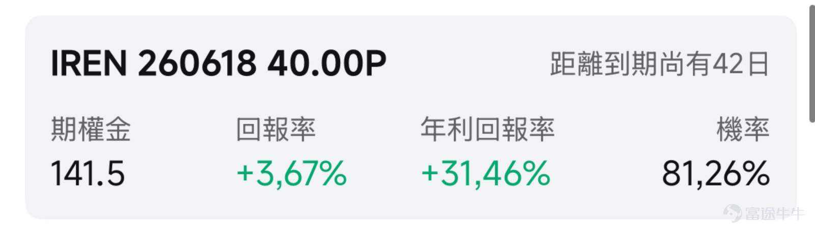 一、市場風向標 2026年5月6日美股納指收漲2.02%報25838.94點，道指漲1.24%報49910.59點，近期AI算力產業鏈價格狂飆，雲計算板塊漲幅領先。 當前市場情緒偏熱、短期漲幅已大，追高盈虧比不足，而高IV環境下賣方策略權利金溢價顯著提升，適合通過期權賣權賺取時間價值、降低持倉成本。 二、熱門標的關注 $CoreWeave (CRWV.US)$：AI算力合同井噴，業績前夕機構上調目標價 $CoreWeave (CRWV.US)$ 前一交易日收漲7.89%，報137.98美元，年初至今累計漲幅約93%。 公司AI雲算力合同持續爆發式增長。4月接連宣佈三項重磅協議：與Meta簽署價值約210億美元新協議、與Anthropic達成數據中心租賃合作、與Jane Street簽訂60億美元AI雲協議。至此，公司合同儲備已積累逾950億美元，2026年產能幾乎全部提前鎖定。 業績發佈前夕，多家機構上調目標價。傑富瑞將目標價維持160美元，維持買入評級；美銀證券將目標價上調至140美元，維持買入評級。市場預計Q1...
