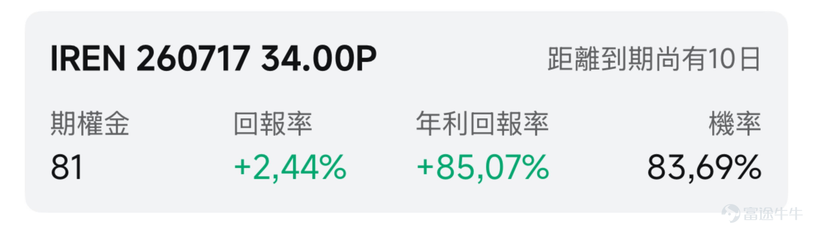 一、市場風向標 前一交易日美股三大指數集體收漲， $IREN Ltd (IREN.US)$ 憑藉入圍Anthropic 220億美元澳洲數據中心招標的消息，單日暴力反彈13.11%至43.91美元，終結連陰頹勢，高波動環境為期權賣方策略創造了高溢價窗口。 二、熱門標的關注 IREN：入圍Anthropic 220億澳元AI大單，轉型敘事驅動暴力反彈 $IREN Ltd (IREN.US)$ 前一交易日收漲13.11%，報43.91美元，盤中最高觸及44.97美元，換手率18.59%。此前該股已連續九個交易日下跌，從6月中旬的約60美元區域持續回落至37.66美元的低點，期間累計跌幅超35%。 技術面來看，RSI從超賣區域快速回升，量能顯著放大顯示空頭回補與多頭抄底共振。股價仍遠低於52周高點76.87美元，上方50美元附近構成短期壓力，下方38-40美元區域為近期支撐。從結構上看，當前處於超跌反彈階段，能否形成趨勢反轉取決於後續催化劑兌現情況。 本輪反彈的核心催化劑來自兩大利好共振。F...