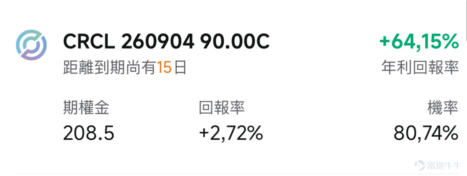 一、市場風向標 前一交易日美股三大指數窄幅收漲，標普500漲0.21%，納指微跌0.20%，道指漲0.26%。 $加密貨幣概念股 (LIST20010.US)$ 全線爆發，板塊整體漲幅達6.35%， $Circle (CRCL.US)$ 作為穩定幣基礎設施龍頭單日漲超9%，高波動環境為期權賣方策略提供了優質權利金收取窗口。 二、熱門標的關注 CRCL：比特幣突破7萬疊加立法催化，穩定幣龍頭放量暴漲 $Circle (CRCL.US)$ 周三（8月19日）收漲9.56%，報78.59美元，盤中最高觸及81.22美元，成交額18.18億美元，量比2.42，換手率11.54%，資金參與熱情顯著放大。今日盤前繼續上漲，顯示多頭情緒延續。 從近30個交易日K線看， $Circle (CRCL.US)$ 經歷了7月中旬至8月初在58-66美元區間的反覆震盪後，8月7日起開啟一輪連續上攻，從8月3日低點至今累計漲幅約25%。此前CRCL自2025年IPO以來從近160美元持續回落，近期在70美元區域構築了較為紮實的底部...