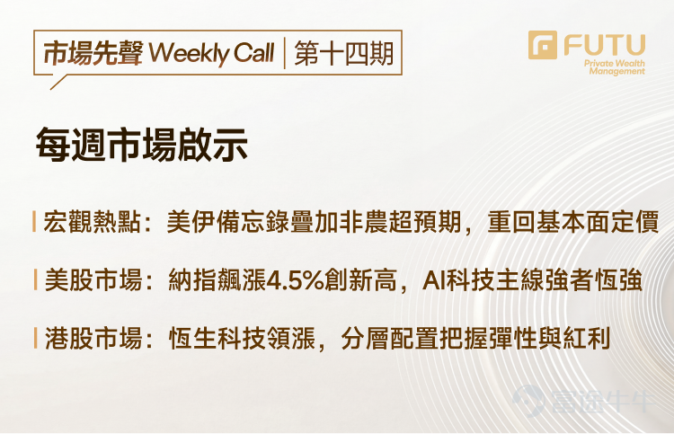 Guide to this week's strategies for the US and Hong Kong markets: The US-Iran 14-point memorandum triggers oil price correction; how to refocus on the AI theme after easing geopolitical tensions? China's exports grow by an unexpected 14.1%; how much upside potential is there for Hong Kong-listed tech stocks?  Live Broadcast Reservation: Tonight at 19:00, Futu's Chief Investment Research Expert will join you to review the market outlook for this week, explore multi-dimensional scenarios of the Middle East situation, and discuss the future path of the US-Iran relationship. [Share Link: Market First Call Weekly Update | Multi-scenario analysis of the Middle East situation, what might happen next between the US and Iran?]    [I. Macroeconomic Observations] 1.1 International Macroeconomic: Better-than-expected nonfarm payrolls combined with the US-Iran memorandum: How will geopolitics and interest rates be repriced? April nonfarm payrolls increased by 115,000, far exceeding the expected 65,000, mainly driven by contributions from healthcare, transportation and warehousing, and retail trade. The unemployment rate remained at 4.3%, in line with expectations, but the precise unemployment rate rose to 4.34%. Signs of marginal weakening in the labor market persist, with low wage growth. The data eased recession fears without boosting re-inflation risks. After the release, US stocks, bonds, and gold all rose while the dollar weakened. Combined with strong AI demand and robust Q1 earnings, the Nasdaq and S&P 500 hit new all-time highs. On the US-Iran negotiations, the White House stated that both sides are nearing a 14-point memorandum of understanding,with key terms including Iran suspending uranium enrichment and accepting inspections, the US gradually lifting sanctions and unfreezing blocked funds, and both sides removing restrictions on passage through the Strait of Hormuz.The probability of a large-scale full-blown war breaking out...