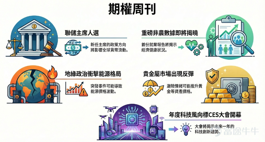 本篇來自「期權周刊」專欄，本欄目爲牛友們帶來上週市場回顧、當週的市場熱點，並分析潛在的期權交易機會。歡迎[鏈接: 點擊此處]加入學習，後續專欄有更新時則會收到提醒。 2026年伊始，全球市場站在多重關鍵變量的交匯點上：美聯儲主席人選塵埃將落、首份重磅非農數據即將揭曉、地緣政治突變衝擊能源格局，貴金屬反彈，而科技界年度風向標CES大會亦再度拉開帷幕。隨着本週經濟數據和個股事件增多，市場活躍性預計回升。 本文將系統梳理本週核心事件的潛在路徑，並爲不同風險偏好的投資者挖掘潛在的期權交易策略。在不確定性中捕捉確定性，在波動中尋找機會。 非農週五來襲，聯儲主席人選再生變？ 時間來到1月，最令市場關注的就是聯儲主席人選將在這個月正式公佈。市場預計下屆聯儲主席將在兩位Kevin之間產生，凱文·哈塞特（Kevin Hassett）與凱文·沃什（Kevin Warsh）。 哈塞特現爲特朗普團隊的核心成員、白宮國家經濟委員會主任，被視作「忠誠鴿派」，被視爲對市場最友好，但也最可能侵蝕央行獨立性的選擇。 沃什則是前美聯儲理...