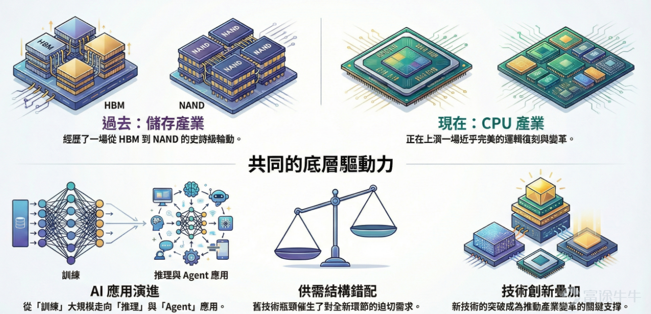 2026年开年以来，存储和CPU两大赛道成为了市场绝对的焦点，行情的暴烈程度令人瞠目结舌。它们不仅令 $英伟达 (NVDA.US)$ 、 $谷歌-C (GOOG.US)$ 等美股七巨头黯然失色，乃至在格陵兰地缘冲突发酵的情况下，还能顶着大盘的压力继续强势上行。 存储行业的代表 $闪迪 (SNDK.US)$ 在25年已经取得近600%升幅，今年1月还没过完已经继续翻倍；CPU行业的 $英特尔 (INTC.US)$ 和 $美国超微公司 (AMD.US)$ 也在近期表现强势，在周二大盘下跌超2%的情况下，均能逆势上涨，并在地缘因素缓和后继续强势上行。 通过复盘不难发现，随着AI浪潮不断深入发展，CPU行业与存储的叙事之变存在惊人的相似性。今夜，随着英特尔发布关键财报，AMD股价冲击新高，这场围绕“CPU价值重估”的产业博弈也进入白热化。我们将深入解读行业逻辑的变迁，对比英特尔与AMD的攻守之道，并基于当前市场预期，探讨潜在的期权交易策略。 此时此刻，恰如彼时彼刻！ 资本市场对产业趋势的定价，往往遵循相似的叙事逻辑。存...