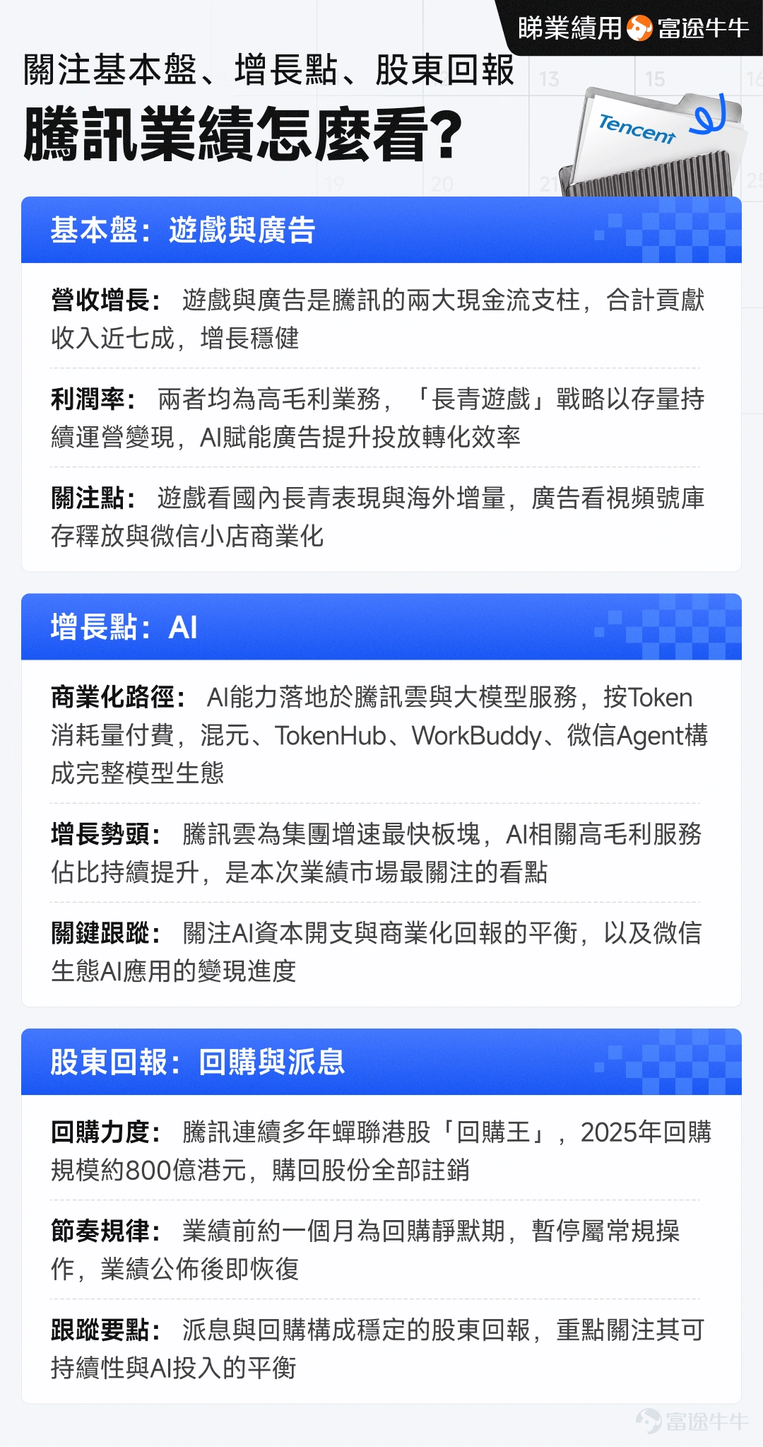On Wednesday, August 12, $TENCENT (00700.HK)$ will announce its 2026 interim results.As the tech stock with the highest weighting in the Hang Seng Index and Hong Kong’s long-standing ‘buyback king,’ Tencent’s earnings report has never been just about the company itself—market sentiment toward tech stocks often hinges on it: If results beat expectations, the entire Hong Kong tech sector may rally; if they fall short, negative sentiment quickly spreads to other tech stocks. That’s why, whenever Tencent reports earnings, many investors feel both anxious and confused: with so much data, what should they actually focus on? Using Tencent’s upcoming results as a case study, this article will walk you through, from scratch, how to properly analyze an earnings report.We’ll break it down into four steps: first, dissect the core business segments to understand where the money comes from; second, examine shareholder returns to see how the company treats its shareholders; third, compare results against market expectations to judge whether they’re ‘good’ or ‘bad’; and finally, learn how to fully leverage Futubull throughout every stage—before, during, and after earnings. Core Business Segments: How to Break Down the Three Pillars? The first step to understanding a company is always to 'break down its revenue'—where exactly is the money coming from? Open Tencent’s page on Futubull, go to 'Company' → 'Financials,' and under 'Revenue Breakdown,' you can instantly switch between three dimensions—business segments, products, and regions—to view the revenue structure. Taking full-year 2025 as an example: value-added services accounted for 49.12%, while fintech and enterprise services made up 30...