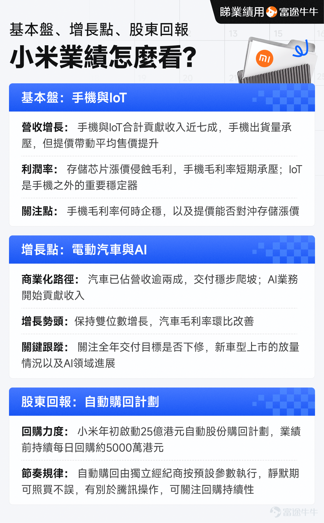 On Tuesday, August 18, $XIAOMI-W (01810.HK)$ it will announce its Q2 2026 earnings. Xiaomi's stock performance this year has been one of the most dramatic among HK-listed tech stocks: it continued to fall since the beginning of the year, but after late June, driven by multiple catalysts, it rebounded nearly 50% from the bottom, significantly outperforming $Hang Seng TECH Index (800700.HK)$ , before pulling back nearly 20% from its July 29 high. What's even more peculiar is that the market has given Xiaomi a rather stinging nickname in recent months—"1x Short SK Hynix". Why would a company selling phones and cars be described as the inverse proxy of South Korean memory giant SK $SK hynix (SKHY.US)$ ? Using Xiaomi's upcoming earnings release as a case study, this article walks beginner investors through the complete process of analyzing financial results, broken down into five steps:First, examine institutional expectations; second, break down the core business composition; third, analyze operational data; fourth, understand the nuances of the share buyback blackout period (which can be compared with last week's $TENCENT (00700.HK)$), and finally, unravel the mystery behind 'shorting SK Hynix by 1x'.。 Institutional Expectations: Both revenue and profit are expected to decline, but Q2 may mark the trough for full-year earnings. The first step in analyzing earnings is to gauge market sentiment. Consensus estimates show Xiaomi's Q2 revenue is projected at RMB 108.823 billion (-6.15% YoY), with EPS estimated at RMB 0.200 (-55.67% YoY). To summarize in one sentence—...