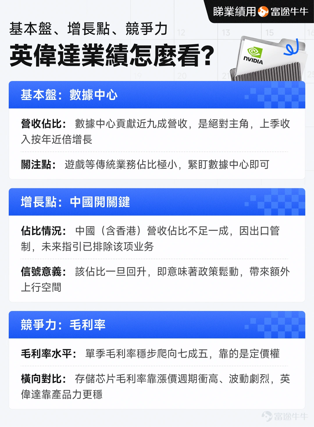 8月26日美股盤後(北京時間8月27日凌晨),全球AI算力霸主 $英偉達 (NVDA.US)$ 將公佈2027財年第二季度(對應自然年2026年5-7月)業績。 這份成績單還沒出爐,股價已經先跌了七天——從8月14日到8月24日,英偉達連續七個交易日收跌,股價從225.3美元一路滑到208.5美元,累計跌幅約7.5%,市值蒸發超過4,000億美元。 宇宙總龍頭,為什麼在業績前先跌為敬?這份成績單又該怎麼看?這篇文章就借英偉達,帶初階投資者把這些事一次講清楚。 宇宙總龍頭:不只市值最大 先說市場上對英偉達「宇宙總龍頭」這個稱號從哪來。第一層是市值:截至8月24日收盤,英偉達總市值約5萬億美元,長期在全球市值榜上數一數二。但光有市值還不夠格叫「宇宙總龍頭」,真正讓它封神的,是它在AI產業鏈裡舉足輕重的地位。 英偉達是全球AI軍備競賽的「軍火商」。AI時代最核心的生產資料是算力,而算力最核心的硬件是GPU。英偉達佔據數據中心GPU市場約九成份額,幾乎所有大模型的訓練和推理都跑在它的芯片上。更可怕的是它的生態——CUDA軟件平台讓全球開...