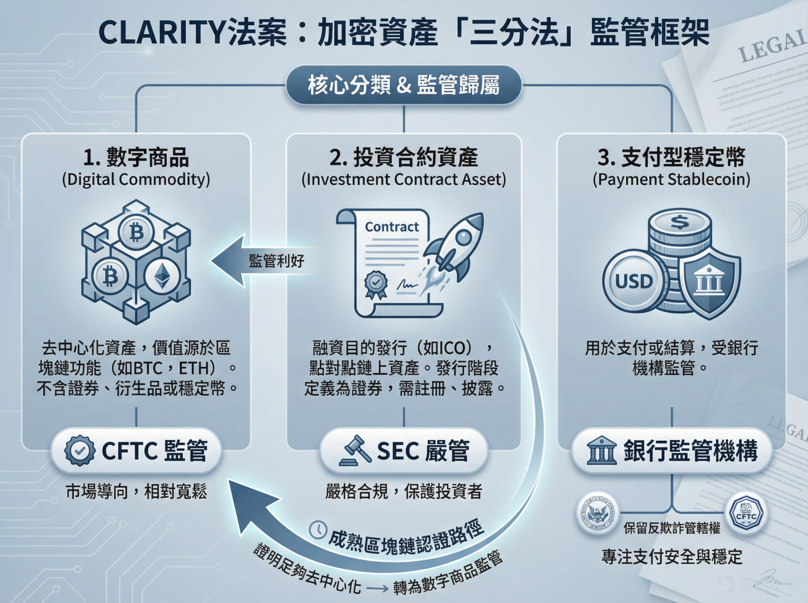 如果你手裡持有加密貨幣或是對加密貨幣有興趣，最近一定要關注《CLARITY 法案》（全稱：Digital Asset Market Clarity Act of 2025）的推進。 對於加密市場來說，監管的不確定性一直困擾著行業的發展。而這個法案的審議，或將成為美國加密市場從混亂走向制度化的關鍵轉折點。 它將直接決定未來美國加密資產的監管規則，決定比特幣、以太坊及各類山寨幣未來是走向合規繁榮，還是繼續在灰色地帶掙扎，也是機構資金是否敢大規模入場的關鍵訊號，所以它的進展自然會影響全球加密市場的未來走向。 下面將主要從「是什麼、進展如何、如何應對」幾個維度來討論這件事。 CLARITY法案：到底是什麼？為什麼重要？ 簡單來說，CLARITY法案就是一本「加密貨幣分類說明書」和「監管地盤劃分圖」。 CLARITY法案的核心內容可以概括為「三分法」： 一種是數字商品（Digital Commodity）：這是去中心化的資產，價值直接取決於區塊鏈系統的功能（如比特幣、以太坊），不包括證券、衍生品或穩定幣。這部分歸CFTC管，這對市場來...