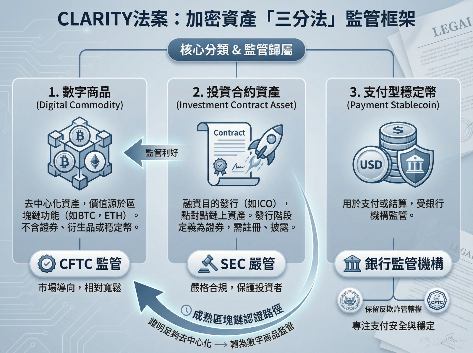 本周，加密市场迎来复苏行情，比特币一度强势反弹至两个月高点97500美元。这一涨势恰逢美国参议院银行委员会准备就加密货币市场结构法案进行关键投票，但该法案的命运却因华尔街银行业与加密货币行业围绕稳定币收益权的激烈博弈而陷入不确定性。 目前，  $比特币 (BTC.CC)$ 价格在95000美元上方波动，本周内累涨超5%，较去年11月阶段性低点反弹约10%，其他加密货币也跟随回暖，  $以太坊 (ETH.CC)$ 在3300美元关口窄幅盘整。 本周热点事件 [白眼]CLARITY法案将延期，华尔街与币圈“激烈博弈” 如果你手里持有加密货币或是对加密货币有兴趣，最近一定要关注《CLARITY 法案》（全称：Digital Asset Market Clarity Act of 2025）的推进。对于加密市场来说，监管的不确定性一直困扰著行业的发展。而这个法案的审议，或将成为美国加密市场从混乱走向制度化的关键转折点。 相关内容：[链接: 加密市场必看！CLARITY法案大考来临，哪些标的将迎来机会？] ...