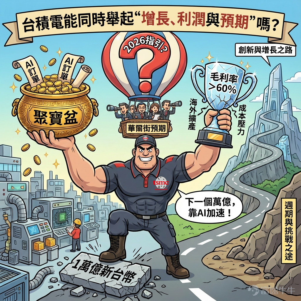 💡歡迎牛友們投票留言互動，贏取雙重獎賞！ [拍手]芯片代工巨頭$台積電 (TSM.US)$將於1月15日（本周四）公布2025年第四季度完整業績。機構預期台積電2025Q4預計實現營收1.03萬億新台幣，同比增加18.98%；預期每股收益92.89新台幣，同比增加26.63%。 [機智]根據1月9日台積電公布的月度營收數據，台積電12月銷售額達3350億元新台幣；以此測算，其第四季度總營收約為1.046萬億新台幣（約合331億美元），不僅單季營收歷史性地突破萬億新台幣大關，更以同比增長约20%的亮眼增速一舉超越市場預期。縱觀全年，台積電2025年1月至12月的累計營收約為3.81萬億新台幣，較2024年同期增長31.6%，充分展現了半導體代工王者的絕對統治力。 回顧三季報，台積電憑藉毛利率衝上59.5%的超預期表現和先進制程的滿載運行驚艷全球。彼時CEO魏哲家強調，AI需求「比三個月前預想的還要強勁」，且公司正加快美國亞利桑那州2納米產能擴張，以應對供不應求的局面。[勇敢牛牛]而展望本次業績，投資者目光聚焦於： ▶️AI業務的爆發性增長能否持續？在$英偉達 (NVDA.US)$$美國超微公司 (AMD.US)$$博通 (AVGO.US)$等巨頭對CoWoS先...
