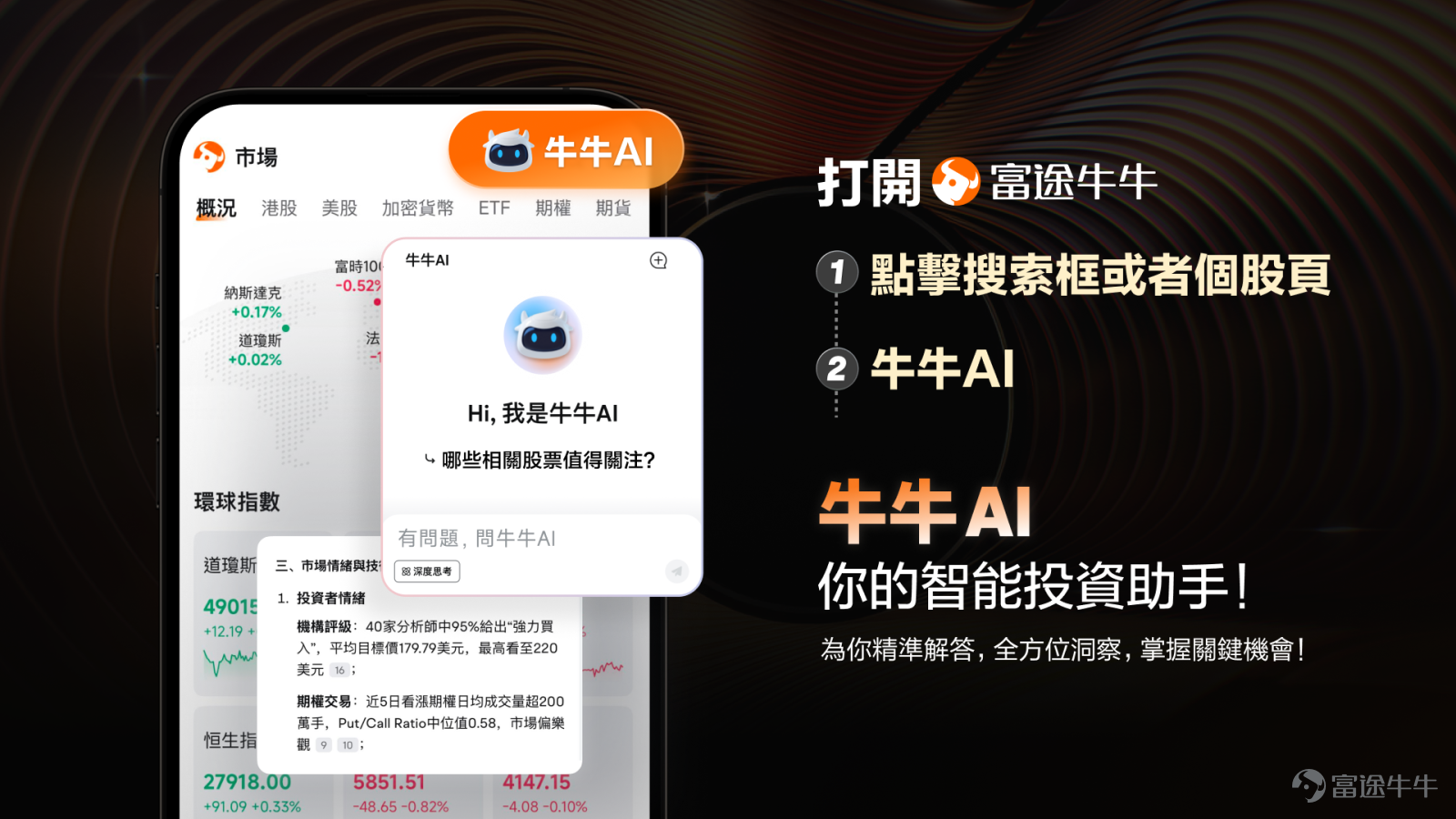Whether you want to buy Hong Kong stocks for dividend income, invest in sectors related to Hang Seng Tech Index; focus on US stock giants, participate in IPOs; or trade cryptocurrencies and options, Futubull can meet your diverse investment needs. To help you get started quickly, we have compiled 7 practical features, to kickstart your investment journey: 🤖 1. Futubull AI Confused about where to start with an investment question? Futubull AI: Your 24/7 dedicated investment assistant. Having trouble understanding financial reports, translating foreign news, or want to learn about a company’s fundamentals? Just ask Futubull AI—it provides instant information summaries and answers investment queries, simplifying complex market data in seconds. 📊 2. ETF Screener Want to diversify risk but don’t know where to start? ETF Screener: One-click to find your desired sector. Facing over a thousand ETFs in the market, simply set criteria such as 'asset type,' 'sector,' or 'region' to quickly filter out the ones that match your strategy (for example, ETFs tracking Hang Seng Index, Hang Seng Tech Index, or S&P 500), helping you easily allocate global assets and capture market trends. 💰 3. Dividend Trio (Dividend Ranking, Payout Calendar, Dividend Record) Worried about pitfalls or missing the ex-dividend date when buying stocks for dividends? Dividend Trio: Helps you build a stable cash flow.  Buying Hong Kong stocks does not guarantee dividends; specific payouts depend on company performance and policies. Through our 'Dividend Ranking,' you can discover high-yield potential stocks using...