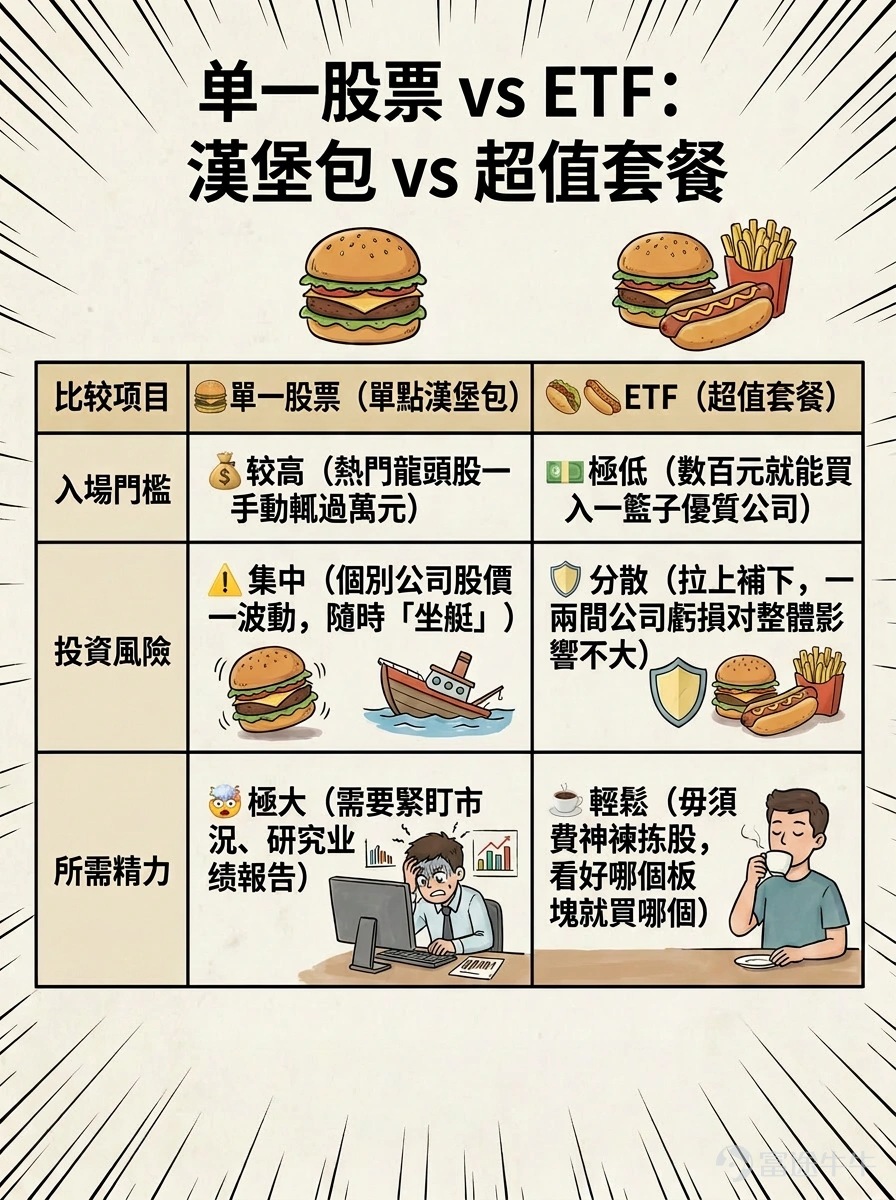 剛下載完App,看著滿畫面跳動的紅綠數字,你是否感到一頭霧水: 「不知從何入手?」 「股票選擇那麼多,買哪隻才不會『接火棒』?」 「朋友推介的愛股股價太高,連一手都買不起怎麼辦?」 不用慌!今天教你一招新手必殺技: 別再執迷於單一股票!帶你用小資金解鎖投資界的「超值套餐」——ETF。 跟著這篇指南三步走,保證你找得到、學得識、容易上手,輕鬆踏出投資第一步!👇 🍔 第一招:甚麼是ETF?一秒看懂投資界「超值套餐」 很多新手不敢買股票,一來怕「揀錯公司」,二來受制於「資金不足」,只能眼白白看著別人獲利! 但我們可以轉換思路,從低門檻的ETF入手! 買單一股票就像在快餐店「單點一個漢堡包」,萬一這個漢堡包不合胃口(公司業績欠佳),你就虧損了。 而買ETF,則像是直接買下一個「超值套餐」(裡面有漢堡包、薯條、汽水),總有合你口味的選擇。 舉個例,你也看好AI板塊,但龍頭股股價太貴,資金少又怕高位買入遇上突然的回調,那不如買入一隻AI主題ETF!這就等於把這板塊內最優秀的公司(如Nvidia、AMD、台積電等)一次...