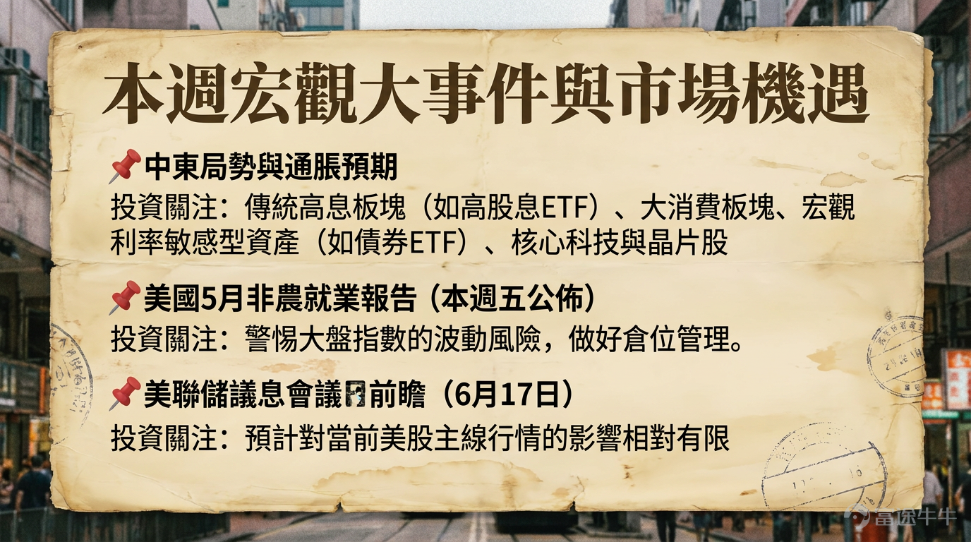 各位投資者，新的一週已經開啟！為了幫助大家更好地把握市場脈絡，我們為你梳理了本週不容錯過的宏觀焦點、行業動態、新股IPO以及收息機會。 以下是本週的重點前瞻： 宏觀大事件與市場機遇 本週的宏觀焦點主要集中在地緣政治與美國重磅經濟數據的博弈上。     📌 中東局勢與通脹預期     ◦ 事件追蹤： 美國與伊朗的談判已臨近最後階段。若雙方達成協議恢復海峽通航，將有望大幅緩解全球油價壓力。     ◦ 投資關注： 通脹降溫將直接影響市場的降息預期，促使外圍利率環境進一步企穩，全球關鍵利率預期將維持在較低水平。具體資產機會如下：     ◦ 港股方面：     -[鏈接: 傳統高息板塊（如高股息ETF）]： 對利率變化高度敏感，在挑選時應優先考慮具備可持續盈利和長期現金流穩定的企業，而非單純追求短期的高收益。     -大消費板塊： 隨著經濟企穩與政府刺激政策落地，消費支出將得到提振，具體可重點關注食品、零售以及旅遊這三大受惠行業。     ◦ 美股方面：     -宏觀利率敏感型資產（如債券ETF）： 投資者應密切監控利...