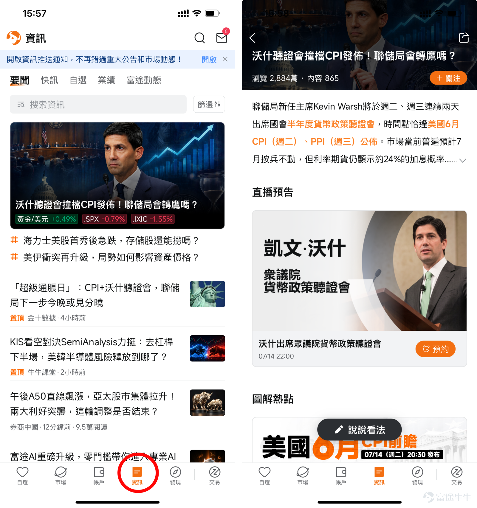 Hello 各位牛友！👋 今個星期金融圈發生緊兩件超級大事：「美聯儲主席沃什（Warsh）出席國會聽證會」 同埋 「最新 CPI 通脹數據公佈」 。 可能好多新手一聽到「美聯儲」、「聽證會」呢啲詞就覺得頭都大埋。特別是就在周一，美聯儲理事沃勒（Waller）突然發表咗超級強硬嘅講話，話如果通脹數據再升，就要考慮收緊貨幣政策（即係加息），嚇到市場加息預期即刻飈升，7 月加息嘅概率逼近 50% ！ 「呢班政客講幾句話，到底同我個錢袋子有咩關係？」🤔  唔使驚！今日就用最接地氣嘅大白話，3分鐘幫你拆解呢場「金融風暴」點樣影響你嘅資產！ 📌 第一：2個詞看懂政客「黑話」—— 咩係「鷹派」同「鴿派」？ 在金融圈，美聯儲官員經常被分為兩派，佢哋嘅表態直接決定錢嘅「松緊」： 🦅 鷹派（Hawkish）： 崇尚強硬，最驚通脹（物價飛漲）。佢哋一見到物價升，就主張「加息」或者「收緊貨幣政策」。好似一個精打細算嘅農夫，擔心雞蛋太多變質，決定減少飼料控制產量（收緊資金）。   ◦ 最近動態： 周一沃勒放嘅就是「大鷹」，暗示美聯儲嘅耐心已經到極限 ！ 🕊️ 鴿派...