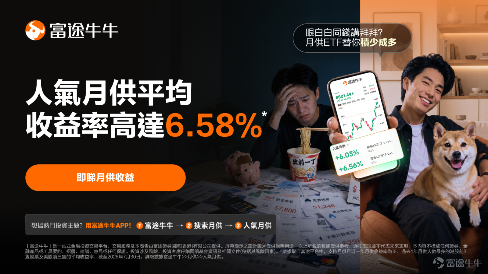 每個月一出糧，交完租（$7,800）、找埋電費（$1,248）同手機月費（$298）……望住個銀行賬戶，好多人都有一種「眼白白同錢講拜拜」嘅無奈。 好多人都想儲錢、想投資，但一來面對物價上漲、意志力不足，覺得每個月「無錢剩」，銀行定存同活期利率亦好似唔太夠吸引；二來睇見最近個市狂震，升兩日跌三日，想入市又怕高位接棒！結果資金一直閒置，白白被通脹蠶食。 如果你都有一筆閒錢，想通過儲蓄或者投資獲得比較穩定嘅回報，但又唔希望承擔過大嘅波動風險，其實可以借鑑市場上「聰明錢」嘅做法——善用「月供計劃」，將儲蓄與投資「自動化」，在波動市中穩步建立自己嘅第一桶金。 🎓 深度解碼：月供計劃（DCA）的優勢與局限 「月供計劃」本質上是採用平均成本法（Dollar Cost Averaging, DCA）。喺決定將錢「鎖」入月供計劃之前，我們需要理性看待它的「正反兩面」： ⚖️ 月供的優勢： 1. 克服人性弱點：設定月供計劃後，系統會喺指定日子自動買入，幫你在消費前先進行投資，建立「先儲蓄、後消費」的健康習慣。 2. 平抑市...