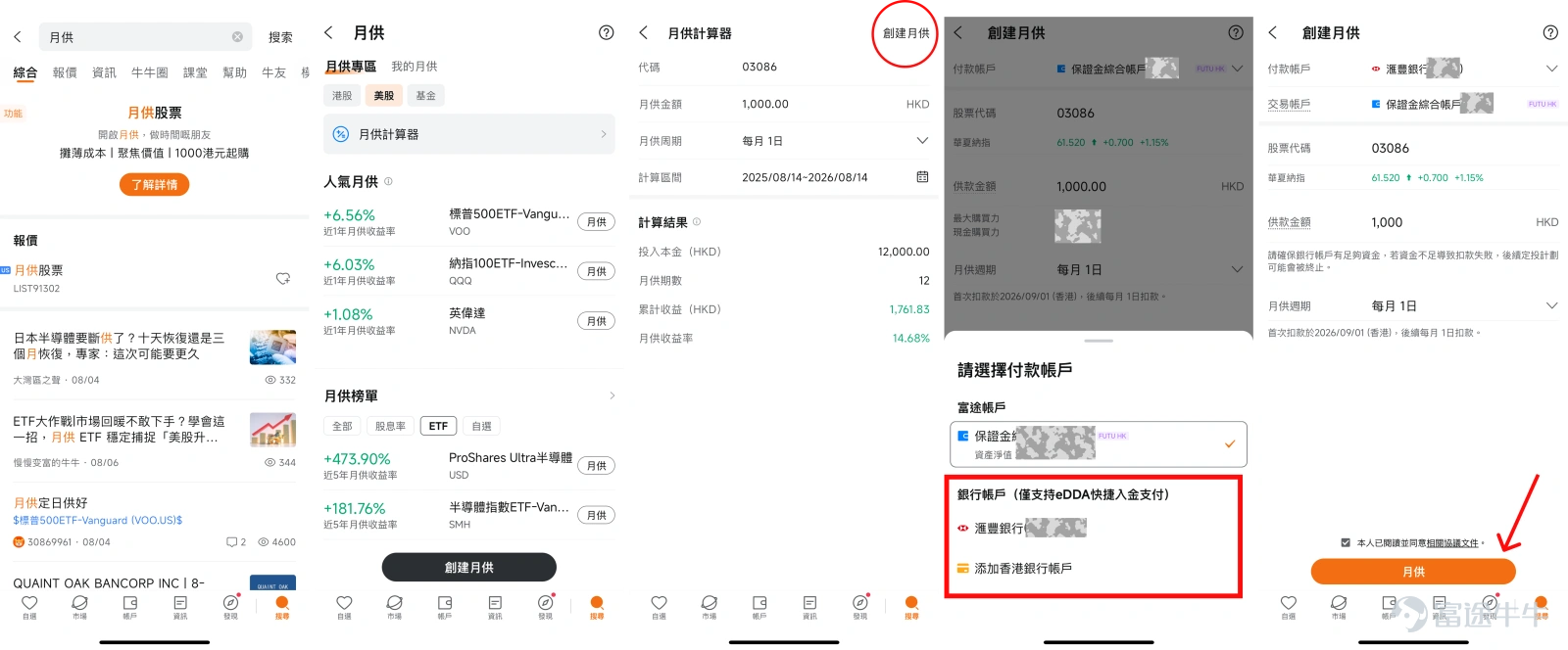 有冇新手牛友一打開牛牛，個市升咗就諗：「[傷眼]早知琴日買啦！」；第二日一跌，你又諗：「[摳鼻]好彩冇買，但係而家係咪底？」；再跌多日，你開始驚：「[驚訝]唔會跌到落地獄掛？」；到佢反彈，你又拍大髀：「[大哭]又錯過咗……」 新手入市，最常見唔係唔努力，而係太想一買就買中最低位。但老實講，估頂估底呢件事，連好多老手都未必長期做到。與其日日俾市況牽住個鼻走，不如用一個簡單啲、壓力細啲嘅方法開始：[鏈接: 月供ETF]。 今日牛牛同大家拆解：點解新手可以考慮月供ETF、其他牛友點樣做、同埋喺富途牛牛點樣一步步開啟月供。 月供ETF有咩好？先搞清兩件事 月供：唔使次次問「而家買係咪太貴？」 月供嘅核心邏輯係平均成本法（DCA，Dollar Cost Averaging），簡單來講就係：無論市場升跌，每月固定金額買入。價格高嘅時候，買到嘅份數少；價格低嘅時候，買到嘅份數多。長期落來，自動拉低平均持倉成本，唔使你去估「邊度係頂、邊度係底」。 舉個最淺白嘅例子： 假設一隻優質ETF第一個月價格係$100，你用$1000買入，得到10股；第二個月市況調整，價格跌到...