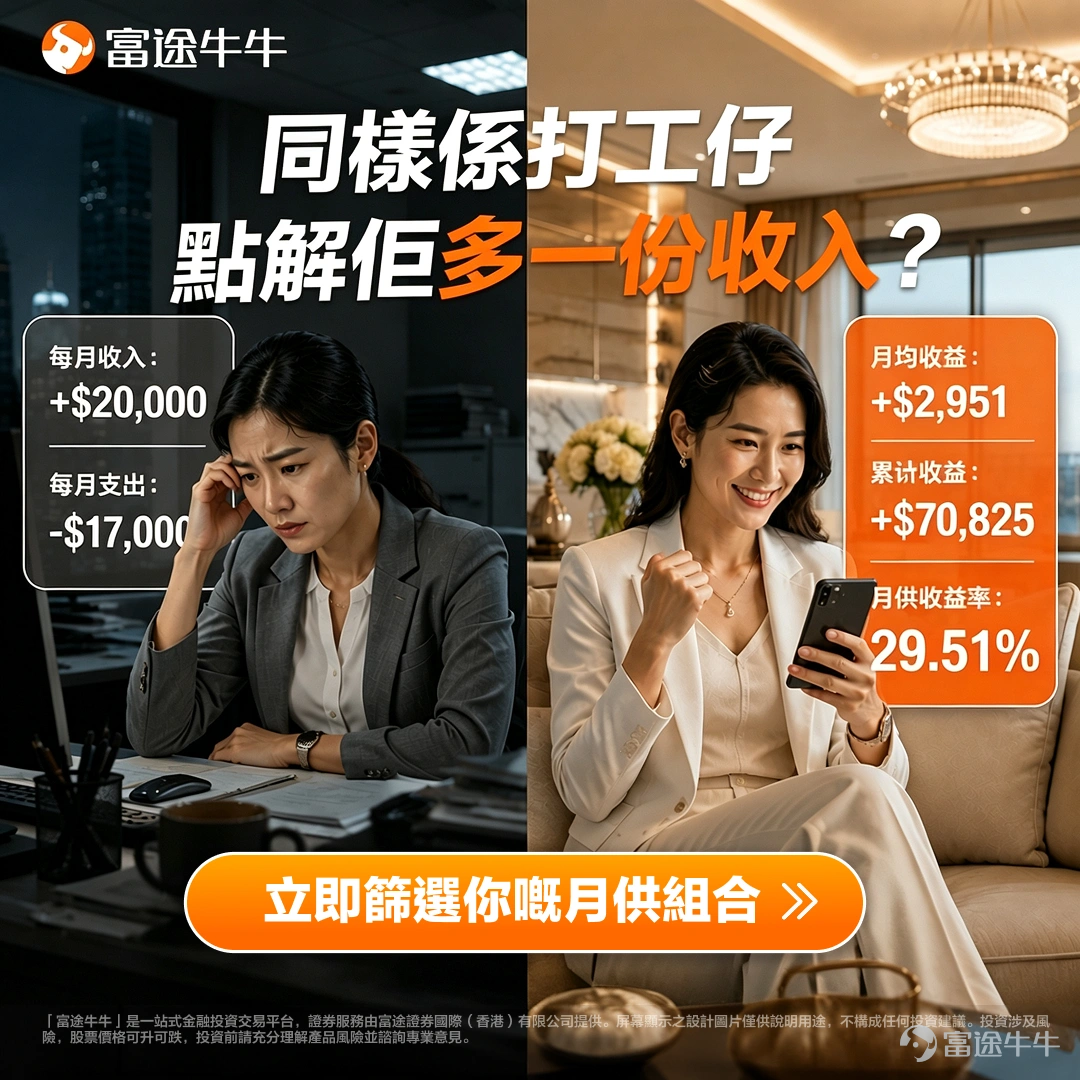 有冇新手牛友一打開牛牛，個市升咗就諗：「[傷眼]早知琴日買啦！」；第二日一跌，你又諗：「[摳鼻]好彩冇買，但係而家係咪底？」；再跌多日，你開始驚：「[驚訝]唔會跌到落地獄掛？」；到佢反彈，你又拍大髀：「[大哭]又錯過咗……」 新手入市，最常見唔係唔努力，而係太想一買就買中最低位。但老實講，估頂估底呢件事，連好多老手都未必長期做到。與其日日俾市況牽住個鼻走，不如用一個簡單啲、壓力細啲嘅方法開始：[鏈接: 月供ETF]。 今日牛牛同大家拆解：點解新手可以考慮月供ETF、其他牛友點樣做、同埋喺富途牛牛點樣一步步開啟月供。 月供ETF有咩好？先搞清兩件事 月供：唔使次次問「而家買係咪太貴？」 月供嘅核心邏輯係平均成本法（DCA，Dollar Cost Averaging），簡單來講就係：無論市場升跌，每月固定金額買入。價格高嘅時候，買到嘅份數少；價格低嘅時候，買到嘅份數多。長期落來，自動拉低平均持倉成本，唔使你去估「邊度係頂、邊度係底」。 舉個最淺白嘅例子： 假設一隻優質ETF第一個月價格係$100，你用$1000買入，得到10股；第二個月市況調整，價格跌到...