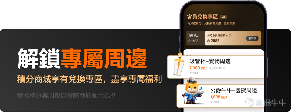 富途即將迎來12歲生日，在這12年間，富途一直致力於打造更好的投資工具，為牛友們帶來更好的投資體驗。在這個特別日子來臨之際，為感謝各位牛友們多年來的支持與陪伴，牛牛即將於9月26日*上線「牛牛會員計劃」，為會員提供高達11項專屬特權，有助作出更精準的投資決策，提升交易體驗。 「牛牛會員計劃」具體有什麼特權？牛牛帶你搶先看！ 🌟 Premium數據：三大專業分析工具，助你把握投資先機！ 看不懂心愛股的宏觀面？不知道何時才是買入沽出的最佳時機？每次沽出後都焦頭爛額？Premium數據三大專屬特權有助牛牛會員掌握投資法寶！ 1. TotalView高級行情 更快速、更準確地預測和捕捉價格走勢，60檔報價發現更多買賣盤數據。透過富途的圖像化買賣盤分析，可快速發現納斯達克深度數據中的大單動態，輕鬆識別支持位和阻力位，為決策和增強收益提供重要優勢，從而更準確地掌握入場、止蝕、止賺時機。還有NOII競價時段預測 ，鎖定投資時機。 2. 精選宏觀數據 精選宏觀數據，涵蓋多項經濟重點指標，如美國CPI、美聯儲減息機率、非農數據等，結合數據和圖表，...