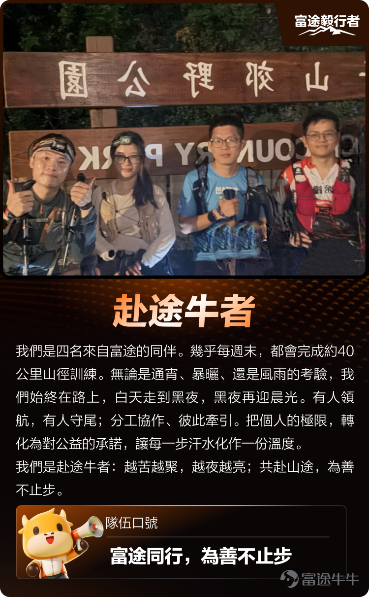 「2025樂施會毅行者」還有半個月就要揭幕啦！今年富途將會和75隊富途毅行隊，並肩同行一同參加本次的毅行者賽事！[加油呀] 為了能在比賽中攀越23個山嶺，穿越多條上山及崎嶇不平的路段，在48小時內完成100公里，毅行隊的訓練都非常努力又艱辛！我們在參加本次賽事的隊伍中，為大家詳細介紹其中11隊，看看他們的毅行故事！希望牛友們可以幫他們打打氣，給予隊員們支持與鼓勵！[打call][打call] 參加毅行隊伍打氣活動，還有機會拿走2025年限定毅行者比賽紀念品、牛牛周邊和活動積分！[哇][哇] [打call][打call]快來看看各位隊伍的精彩介紹，為他們打氣吧！  隊伍：富途行者 和隊友們互相打氣，4人同心，扶持到終點！ 隊伍：富途民間 007小隊 一邊訓練，一邊加深友誼！ 隊伍：健行富途貓 兩度奪取女子組冠軍，巾幗不讓鬚眉！ 隊伍：HeSheEat富途牛牛 訓練中和雨神硬撼，迎難而上！ 隊伍：富途追夢隊 毅行者就是這麼極具挑戰又充滿意義的旅程！ 隊伍：富途精神毅行隊 平均年齡超過60歲，都撐足全程！ 隊伍：富途CEMC  聽說CEMC＝ 「 Courage 勇，Everlastin...