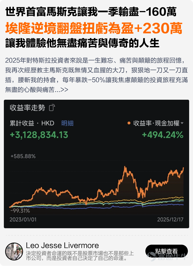 文末互動有獎，不要錯過哦~ 有料分享建議收藏讚好再細讀[飛吻]~ 在跌宕起伏的2025年裏，有牛友在逆境中成功扭虧為盈，有牛友穩定獲利月月收息，亦有牛友構建了完整資產配置組合無懼波動。 為了助你在波動市中也能賺到錢，我們根據原創度、質量與互動等維度，精選了12篇2025年度優質分享。這份秘笈，寫給想乘風破浪的你，幫助各位少一點追高殺低，多一點把握與從容。我們不談高深術語，不講複雜策略，用真槍實戰的經驗與心法，幫助你在策略裡找到方法——打開就有收穫，看完就能上手。 以上便是本期牛牛專刊的全部內容，感謝分享以上致勝秘笈的牛友@很大很大的橙子、@Leo Jesse Livermore、@潘驴邓晓闲缺一、@天行者Z、@年頭旺到年尾、@袜刬金钗溜、@猫哥爱投资、@VinnyG、@富途譚智樂 Arnold、@叫我蛋挞。我們將送上牛牛周邊禮品和社區流量支持！ 【昔日回顧】 [鏈接: 點擊此處，立即查看《牛牛專刊》昔日精彩內容！] 【互動有獎】 在留言區@一位你想推薦給新朋友關注的牛友，並分享你從他身上學到的最重要的一件事，他對你的投資帶來了什麼啟發和改變。...