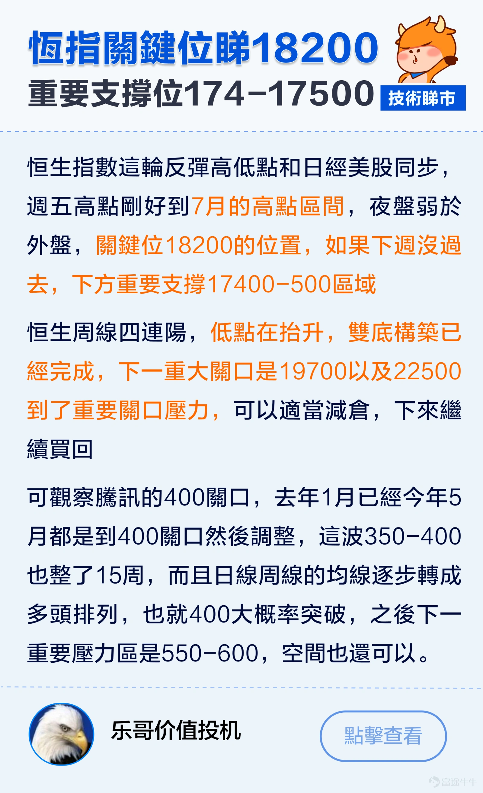 $恒生指數 (800000.HK)$上週五放量大漲,釋放了什麼信號?加上美股九月降息將近,牛友們都在關注市場是否有“變盤”轉向? 從技術分析上看,恆指日K上週五一度衝高至18202關口回落,今早也低開下破MA10日均線,挫逾300點!現仍然企穩在MA120均線之上。周線雖走出了小陰燭調整,但此前也已連續四周走出上漲趨勢。 恰逢減息時機到來,港股後市你點睇,宜家追定沽? 【牛友倾技术】 @股海中的G妹——提前估中挑戰萬八關?恆指哩個水位係關鍵! @乐哥价值投机——關鍵位睇18200?留意恆指17400-17500重要支撐位! @莊主_Logic投資山莊—— 近3年恆指都處下降趨勢!後市能否牛市,需觀察是否有大頸線突破大反彈! @追浪者。白戶則道—— 企穩17800仲可以彈?重點留意有冇成交量支持! @丹尼斯王子—— MTM+KDJ指標出現背馳!恆指上升動力不足 【互动环节】 用技術方...