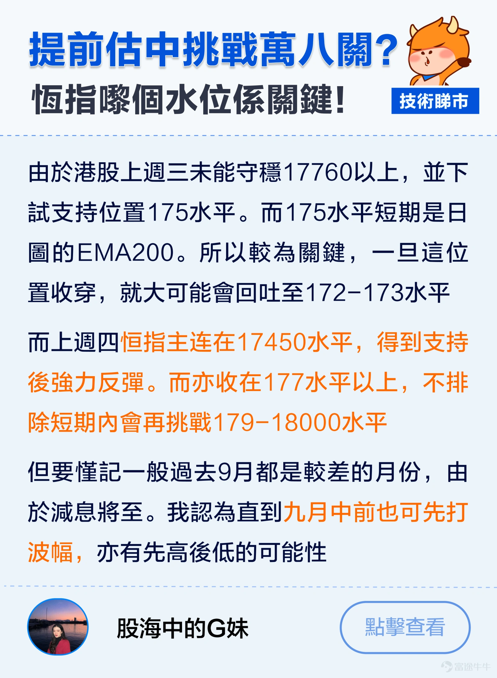 $恒生指數 (800000.HK)$上週五放量大漲,釋放了什麼信號?加上美股九月降息將近,牛友們都在關注市場是否有“變盤”轉向? 從技術分析上看,恆指日K上週五一度衝高至18202關口回落,今早也低開下破MA10日均線,挫逾300點!現仍然企穩在MA120均線之上。周線雖走出了小陰燭調整,但此前也已連續四周走出上漲趨勢。 恰逢減息時機到來,港股後市你點睇,宜家追定沽? 【牛友倾技术】 @股海中的G妹——提前估中挑戰萬八關?恆指哩個水位係關鍵! @乐哥价值投机——關鍵位睇18200?留意恆指17400-17500重要支撐位! @莊主_Logic投資山莊—— 近3年恆指都處下降趨勢!後市能否牛市,需觀察是否有大頸線突破大反彈! @追浪者。白戶則道—— 企穩17800仲可以彈?重點留意有冇成交量支持! @丹尼斯王子—— MTM+KDJ指標出現背馳!恆指上升動力不足 【互动环节】 用技術方...