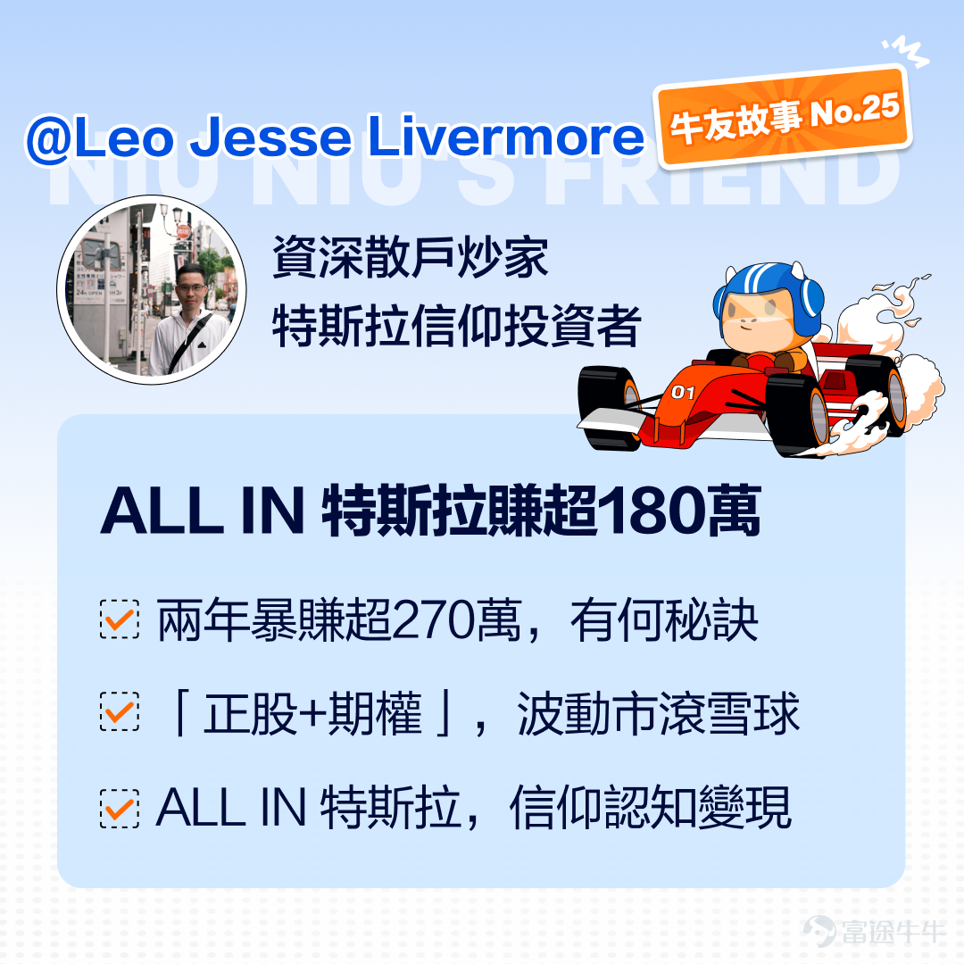剛畢業就遇上疫情，初入市場也曾追漲殺跌、賺過快錢也虧過本金。 2022年熊市資產腰斬，卻成為他投資認知覺醒的轉捩點。 2023年All In $英偉達 (NVDA.US)$實現首個體驗「百萬年收益」，2024年轉戰$特斯拉 (TSLA.US)$，再度盈利超180萬港幣，累計收益率達450%。 [疑問]他是如何做到的？為什麼敢於All In特斯拉？又如何應對極端波動？ 本期牛友故事，我們邀請到@Leo Jesse Livermore，一起來看Leo的散戶投資成長之路有何啟示。[機智] 溫馨提示：本文乾貨較多，建議讚好收藏再細讀，文末留言互動有驚喜~[求LIKE] 一、從虧損到悟道：投資認知的覺醒與突破 Q：Leo好，你是因為什麼契機踏入股市，這一路怎麼打怪升級？ A： 大家好，我是Leo。我是一名散戶投資者，同時也是一個普通職場打工仔。當初剛畢業進入社會工作，就遇上了全球疫情，感覺前途迷茫，當時每月工資都很局限，為了增加收入才開始接觸投資。2020年看到到處都是美股熔斷的新聞，覺得很好奇，就在富途牛牛上開了戶，開始了我的投資之路。 剛開始...