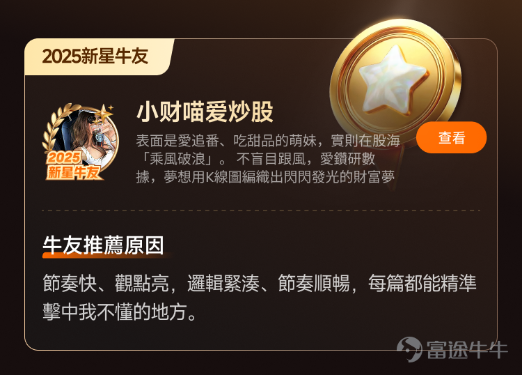 文末互動有獎，不要錯過哦[飛吻]~ 經過上千位牛友的[鏈接: 提名]、為期10天近兩萬名牛友參加的激烈[鏈接: 投票]，並綜合內容質素、互動量、用戶影響力與社區信用記錄等多項指標後，萬眾期待的2025年度牛友評選結果正式公佈！[色]快來看看你支持的牛友是否榜上有名吧！ 🏆2025牛牛圈十大人氣牛友 [禮花]恭喜@只做主升不做调整、@莊主_Logic投資山莊、@潘驴邓晓闲缺一、@紅磡索螺絲、@OptionJack、@守猪逮兔估值模型、@中戶變大戶小牛變大牛、@孫子的末代傳人、@ChiefPapa張志雲、@年頭旺到年尾。 🌟2025牛牛圈十大新星牛友 [禮花]恭喜@富哥搞钱、@Sam Lam (森林）、@杨杨得億、@丁有鱼、@使徒行者ADIDAS、@股市马斯克、@投資從零開始 (Andy)、@Leo Jesse Livermore、@小财喵爱炒股、@很大很大的橙子 感謝各位牛友對牛牛圈與本次評選活動的積極參與和支持！[打call][打call]同時，我們也誠摯感謝2025年度被提名的48位候選人以及努力為心水牛友提名、投票的每一位牛友。回首這一年，謝謝你們的陪伴與無私分享。雖然名額有限，獎項無法覆蓋每一位，但你們的投入與...