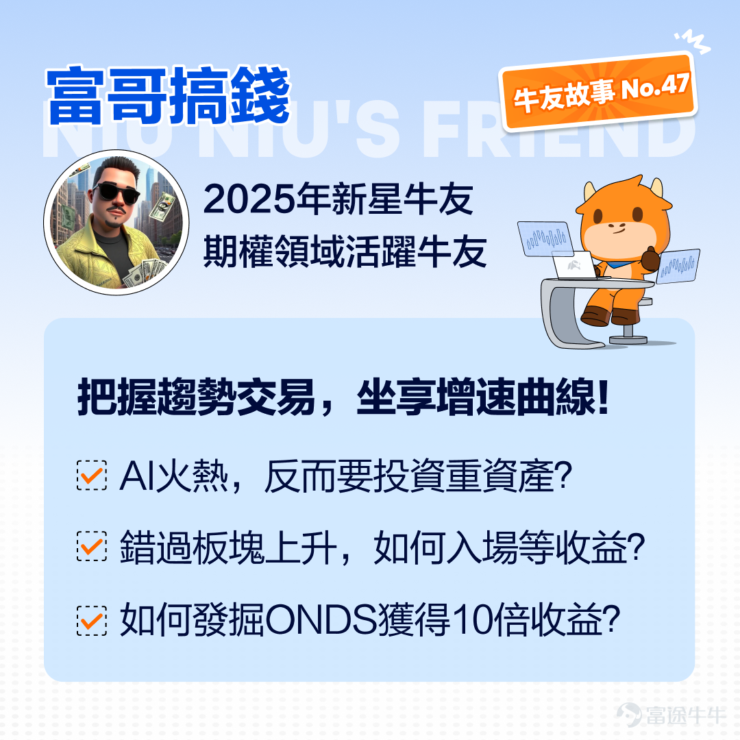 機會絕對不是追蹤得來！判斷趨勢、提前潛伏，才能挖掘十倍機會！ 本期牛友故事，我們邀請到了2025新星牛友——@富哥搞钱。無論是中長線選股，還是短炒期權，他都能頻繁選中正確標的斬獲超10倍收益！這次他也分享了很多他看好的賽道和股票，快來看看是否命中你心中的「潛力股」[害羞]~ 一、賣房炒股，只因尋到確定機會？把握市場映射關係是關鍵！ Q：富哥好呀，可以簡單介紹下你的投資經歷？ A：我的投資經歷也比較久了，最早是因為持有 $騰訊控股 (00700.HK)$ 和 $阿里巴巴 (BABA.US)$ 的股票，讓我逐漸接觸了港美A股及大宗商品市場。隨著覆蓋標的越來越豐富也幫助我判斷整體的行情趨勢。比如最近幾年A股持續調整，正好在24年9月，我把手上一套房產出手。當時我認為A股跌無可跌了，就把賣房的錢全部投入了進去，抓住了10月爆發的機會。在這其中絕對不是追逐已經上漲的行情，而是要判斷機會，在機會來臨前做好準備。 如何抓住確定性的機會呢？關鍵在於抓住美港A股的映射關係：如果你看到了某個行業在美股已經上漲或下跌，港A股的相同行業大概率會出現相同的趨勢。 ...