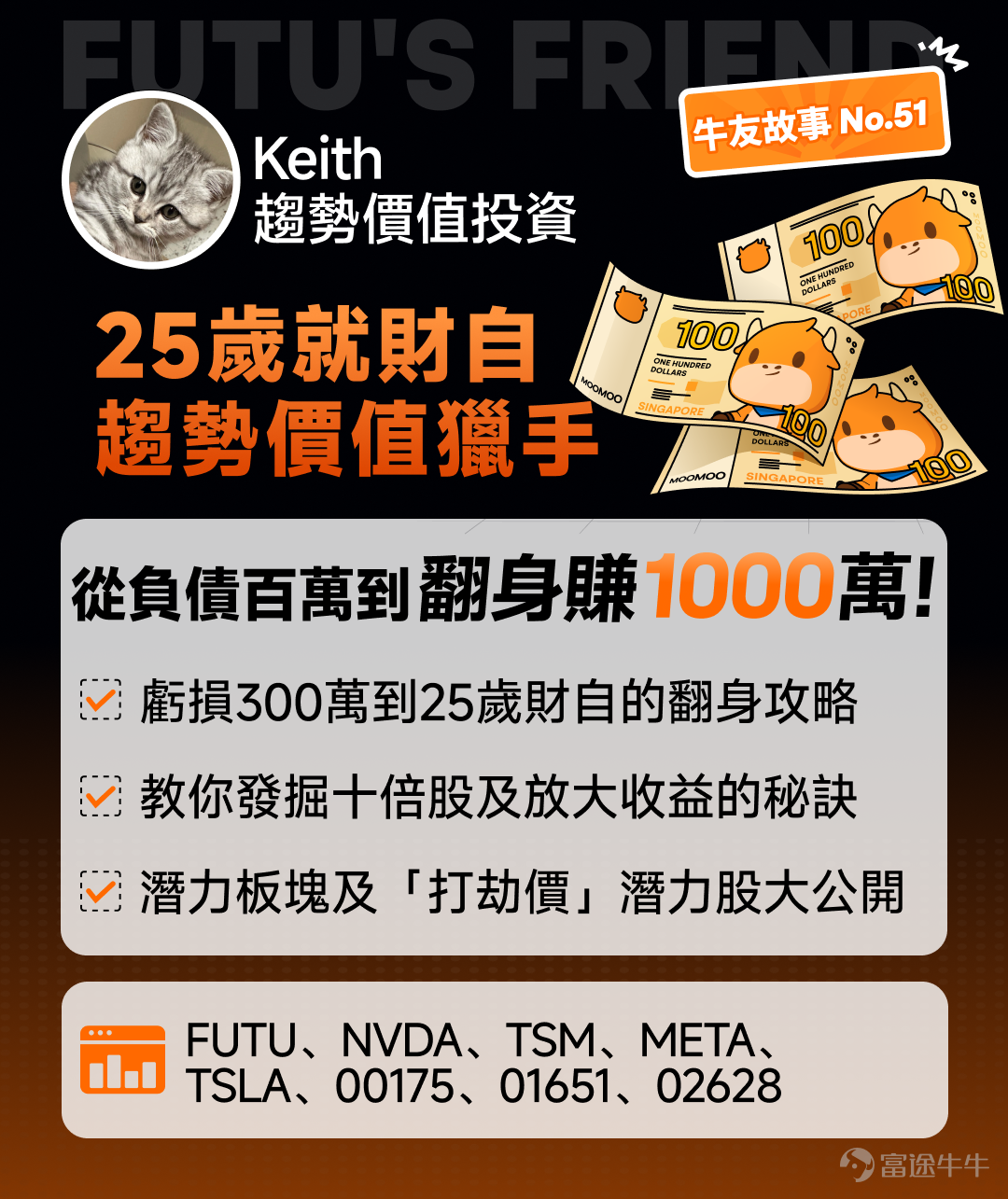 由輸光阿媽積蓄的至暗時刻，到孤注一擲十個月狂賺千萬，這中間究竟發生了甚麼？如何從負債百萬的谷底重新崛起，完成人生逆轉？ 他是如何在至暗時刻精準抓住十倍股機會？又是如何構建穩健的投資體系？ 本期牛友故事邀請到18歲入市，在25歲時實現財富自由的@Keith 趨勢價值投資（以下簡稱Keith），分享他從「少年股神」到負債百萬、再到千萬身家的傳奇翻身故事，揭秘他從深淵到巔峰的完整投資心法。 [話筒]溫馨提示：本文內容較長，建議讚好收藏再細讀，文末互動有驚喜~ 一、牛熊市轉換的血淚第一課：300萬學費，換來一條投資「鐵律」 Q：可以分享一下你入市初期的經歷嗎？ Keith：我18歲就開了第一個證券戶口，更小的時候已將利是錢用家人的帳戶放進股票投資，至今投資了約12年。我第一個一百萬是2017年賺的，當時港股是牛市，我向家人借了30萬去投資，那一年主要買了兩隻股票：一是 $吉利汽車 (00175.HK)$ ，當時升了約一倍；二是 $金斯瑞生物科技 (01548.HK)$ ，升了四至五倍左右；最終成功一年把30萬本金做成了120...