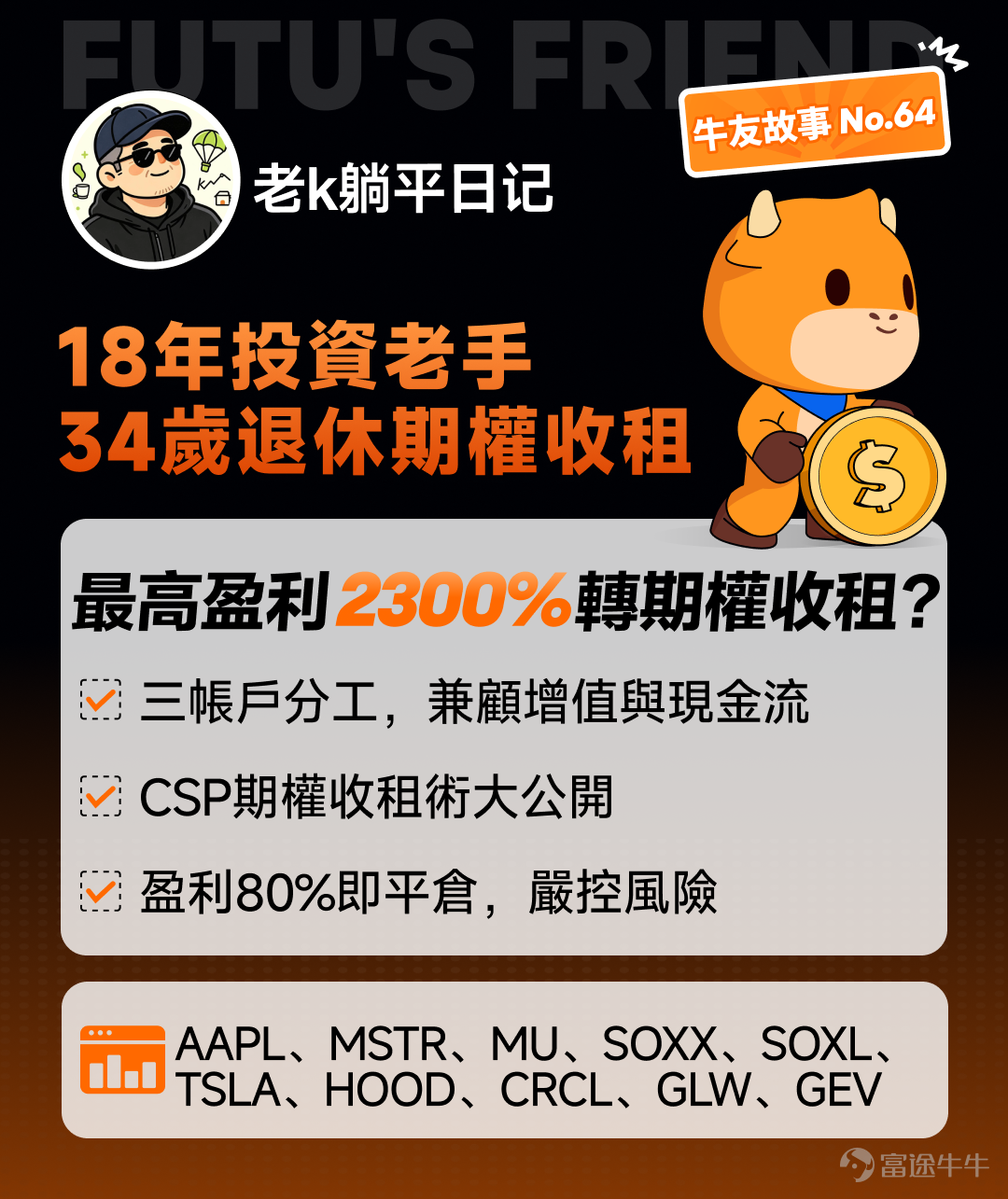 帳戶最高取得2300%收益，後來卻在市場波動中一路回撤，甚至轉為虧損。這段經歷讓他重新思考：投資的目標究竟是追求一次耀眼的收益率，還是建立一套能夠長期運作、持續提供現金流的體系？ 從2008年開始接觸股票，畢業後長期在金融機構工作，曾管理數百人的團隊。34歲時，在年薪達到數百萬元、已經累積八位數現金資產的情況下，他選擇離開職場，把更多時間留給自己和家人。 退休後，他將資產分在三個帳戶中：兩個帳戶負責長期增值，一個帳戶專門通過期權創造現金流。如今，他和一家六口生活在馬來西亞。對他而言，投資的意義不再只是帳戶淨值上升，而是讓資產定期產生能夠真正用於生活的收入。 今期牛友故事我們邀請牛牛圈牛友 @老k躺平日记，分享他如何從追求期權買方的高收益，轉向以現金擔保賣出認沽期權（Cash-Secured Put，以下簡稱CSP）建立現金流，以及這套方法背後的適用條件和風險邊界。 [話筒]溫馨提示：本文內容較長，建議讚好收藏再細讀，文末互動有驚喜。 一、34歲主動退休：真正稀缺的不是收入，而是時間 Q：可以先介紹一下您的工作背景和投資經...