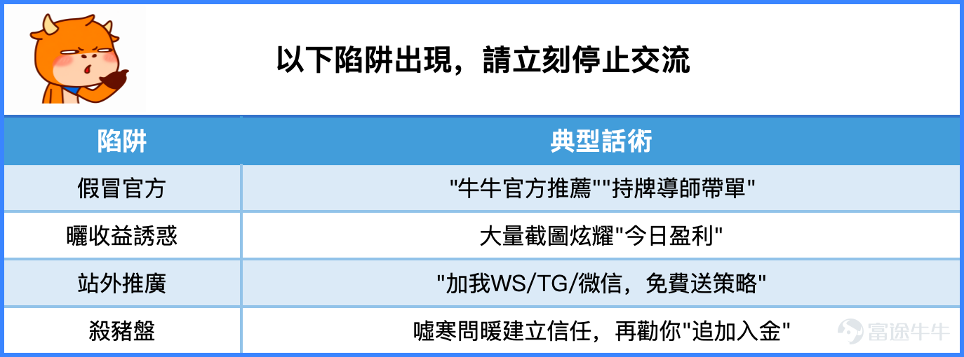 親愛的牛友， 最近小管家在社區裡發現了一批"水軍"——他們偽裝成熱心股友，藏身於牛牛圈和群組，用看似誘人的投資信號，將你一步步引誘到 WhatsApp 等站外平台，最終進行詐騙。 這不是普通廣告騷擾，請花3分鐘認真看完。  🎣他們是怎麼操作的？ 第一步：埋下陷阱 在熱門帖子下留言，或主動在群組發帖，話術通常如下： "上週跟著老師操作，3天賺了20%，有需要的加我 WhatsApp：+xxxxxx" "有個秘密群組，只對老用戶開放，進入群組才能看今日倉位" "牛牛官方合作導師，限時名額，掃二維碼進入群組" 第二步：轉移陣地 一旦你加了聯繫方式或進了站外群組，對話就徹底脫離了牛牛的安全保護範圍。這正是他們的目的——把你引誘到監管觸及不到的地方。 第三步：實施詐騙 常見套路包括： – 薦股詐騙：推薦"必升"個股，誘導你建立倉位，隨後操控股價劏水魚 – 殺豬盤：長期"養熟"後，以"內部渠道""高息理財"為由，誘導你向第三方平台轉帳 – 釣魚盜號：要求填寫帳戶資料或身份證明文件，直接盜取你的資產  🚨 這幾句話一出現，立刻...